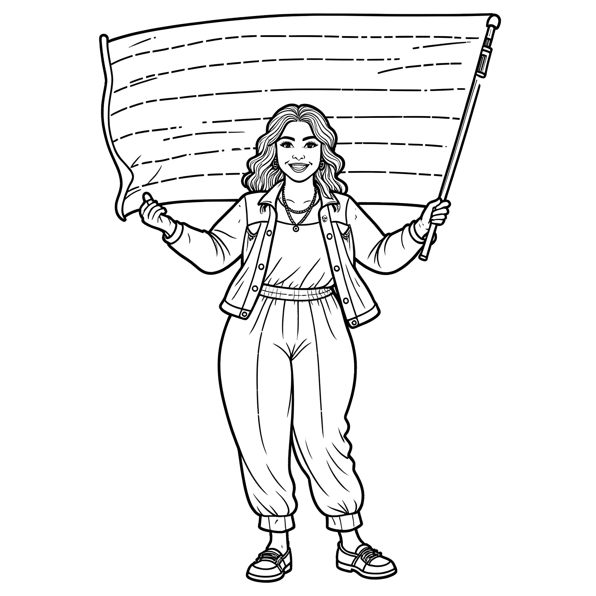 Mom joyfully waving a flag Coloring Page (free black-and-white line drawing printable PDF for all, from beginners to advanced learners, including children, teens, adults, and seniors)