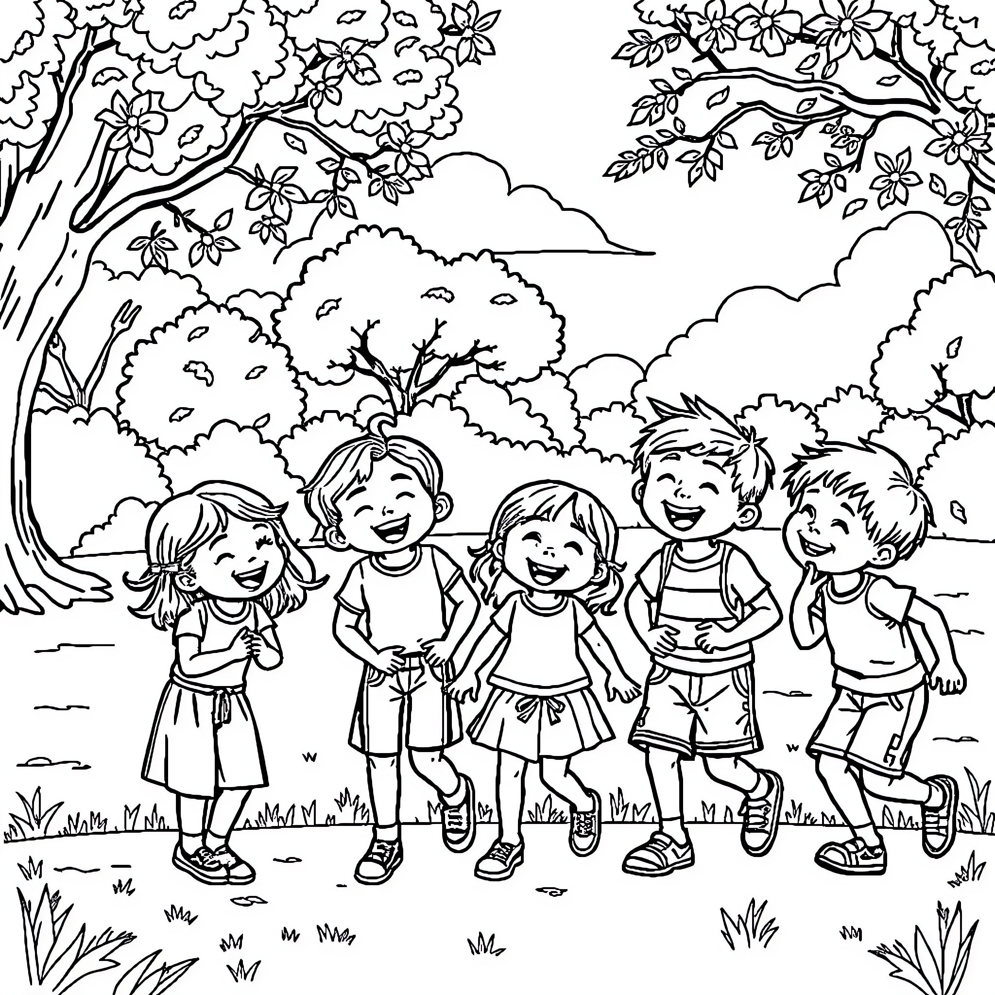 Kids playing happily in a natural setting Coloring Page (free black-and-white line drawing printable PDF for all, from beginners to advanced learners, including children, teens, adults, and seniors)
