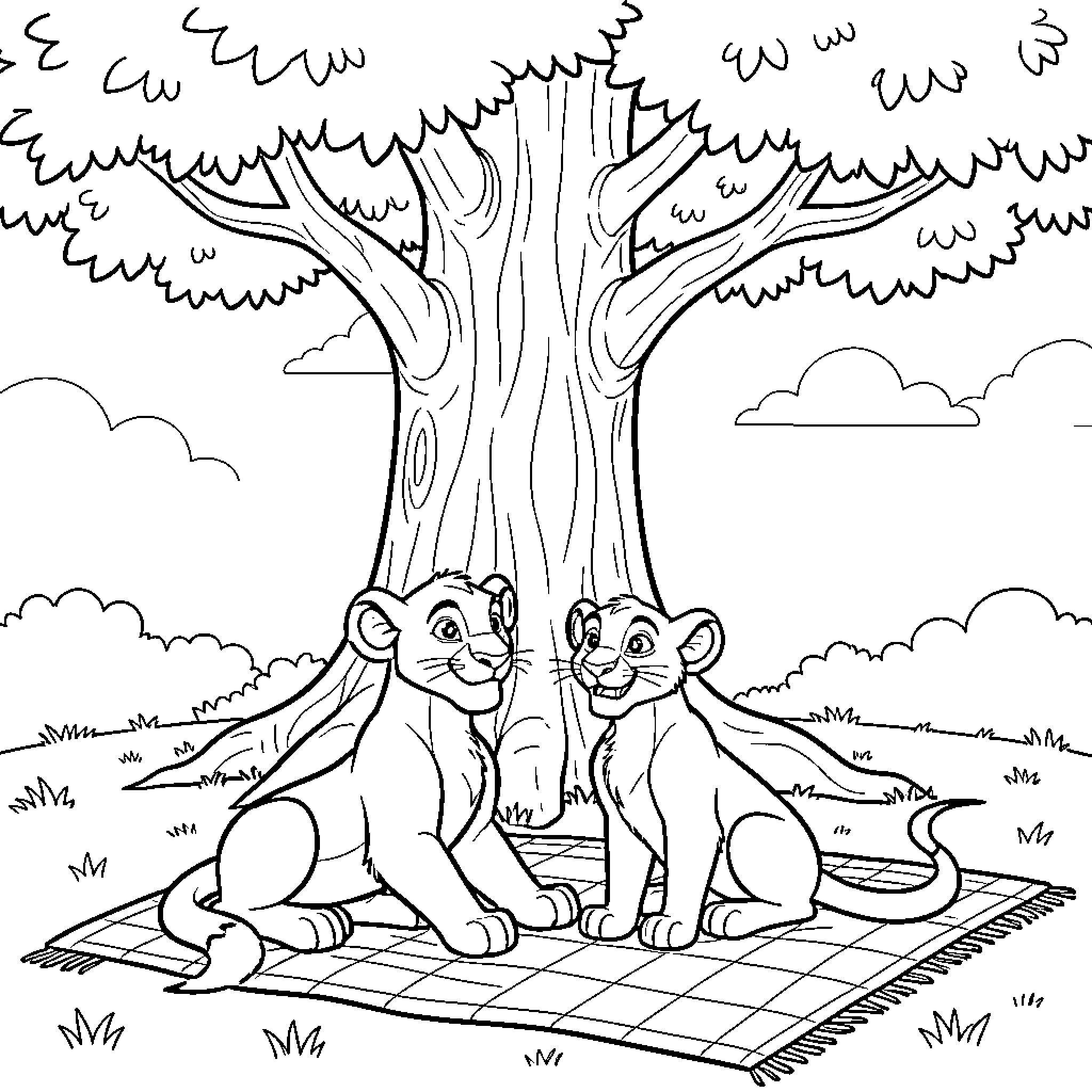 Simba and a friend sitting together under a tree Coloring Page (free black-and-white line drawing printable PDF for all, from beginners to advanced learners, including children, teens, adults, and seniors)