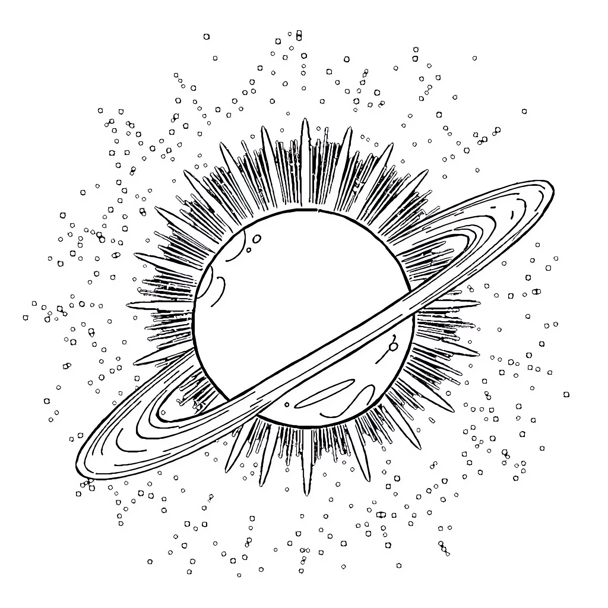 Planet with Celestial Bursts and Cosmic Dust Coloring Page (free black-and-white line drawing printable PDF for all, from beginners to advanced learners, including children, teens, adults, and seniors)