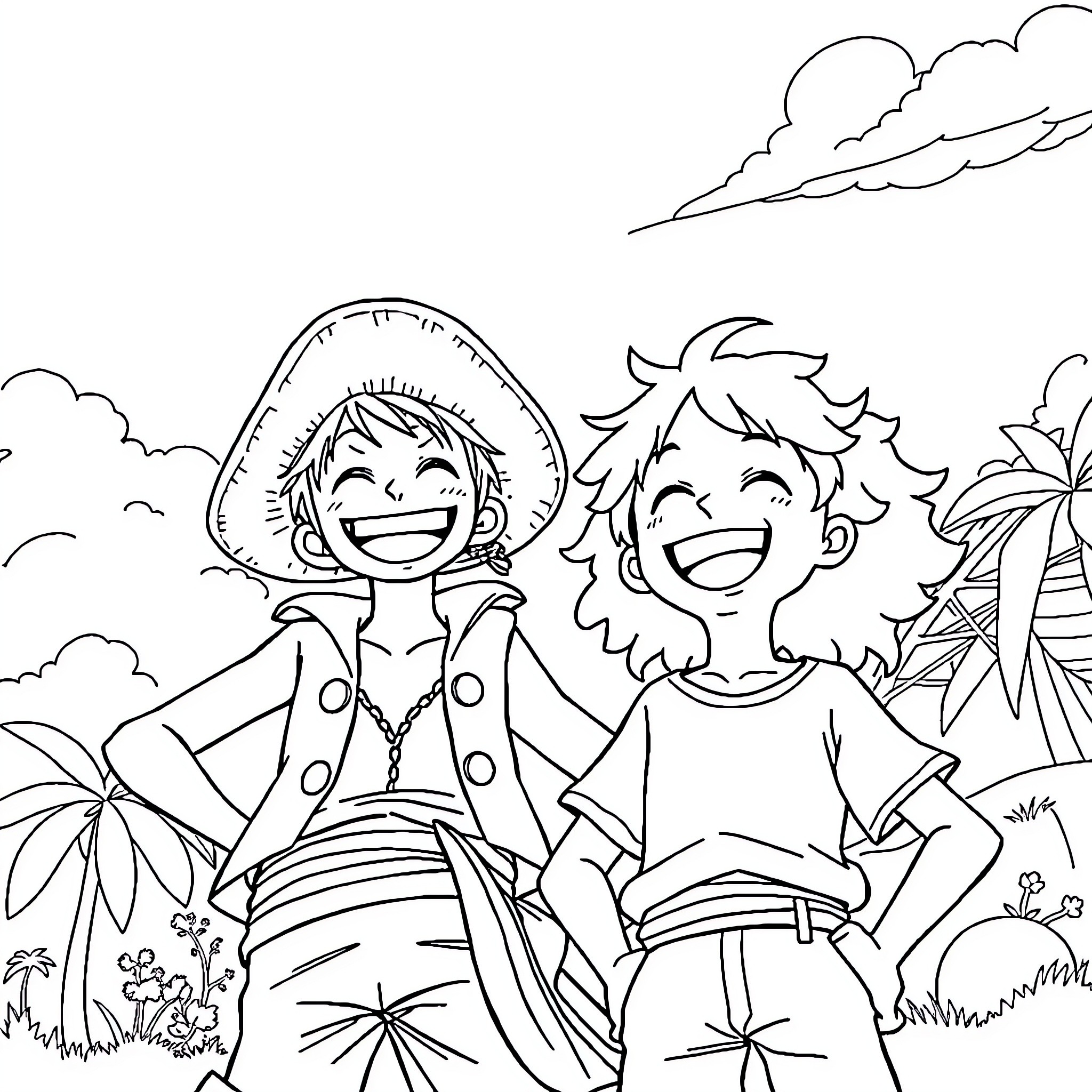 Monkey D Luffy and Companion Enjoy Adventure Coloring Page (free black-and-white line drawing printable PDF for all, from beginners to advanced learners, including children, teens, adults, and seniors)