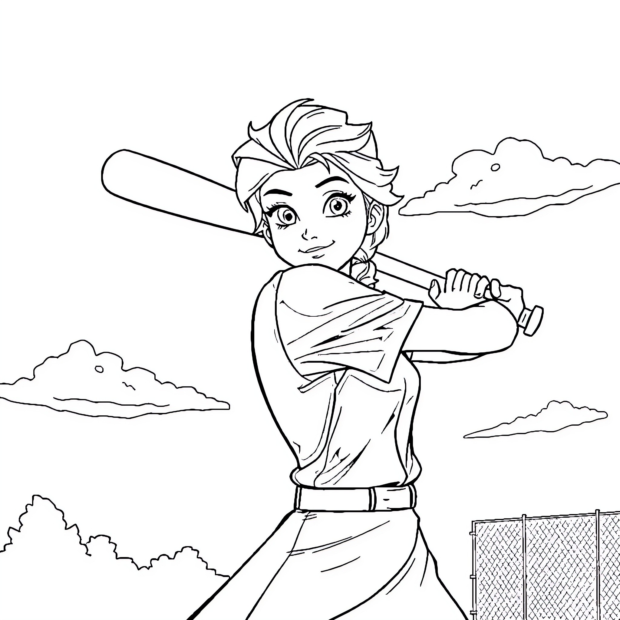 Elsa playing baseball in the park Coloring Page (free black-and-white line drawing printable PDF for all, from beginners to advanced learners, including children, teens, adults, and seniors)