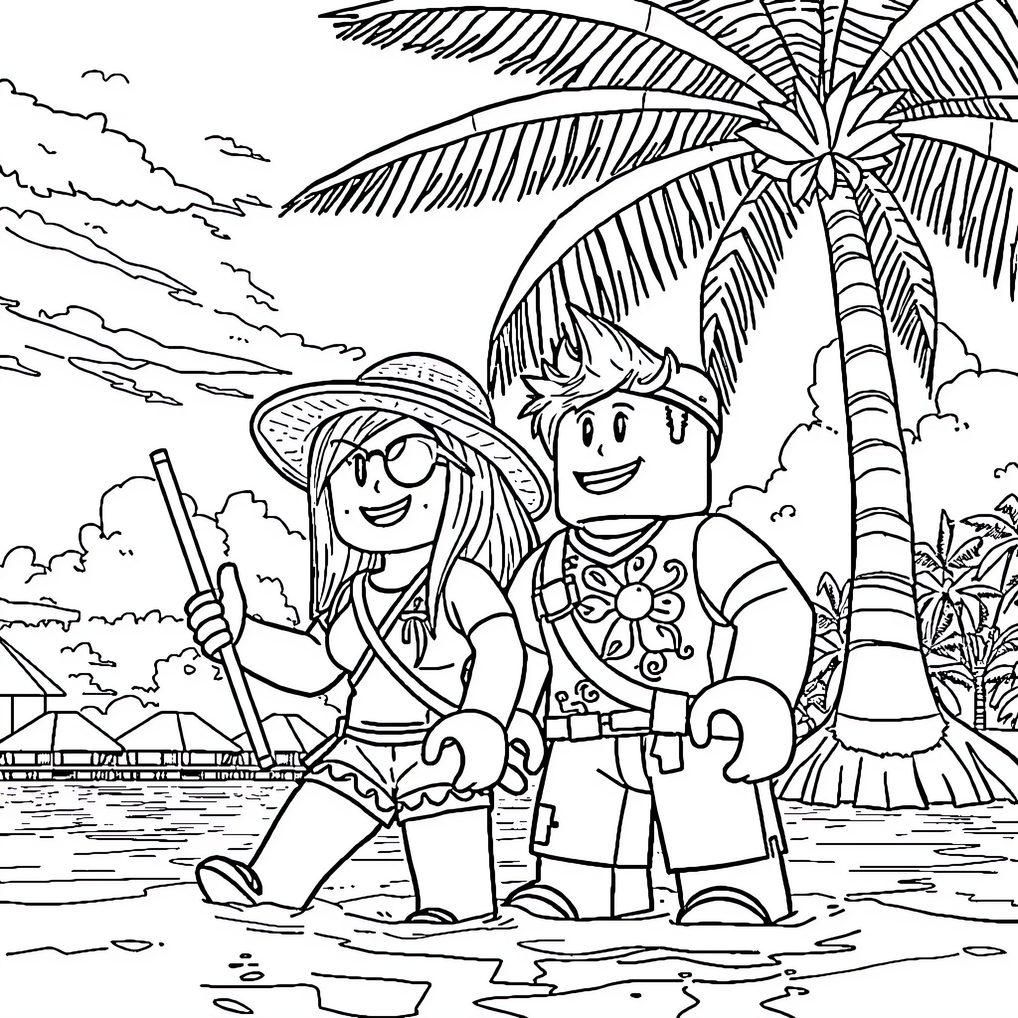 Poke at the beach with tropical scenery Coloring Page (free black-and-white line drawing printable PDF for all, from beginners to advanced learners, including children, teens, adults, and seniors)