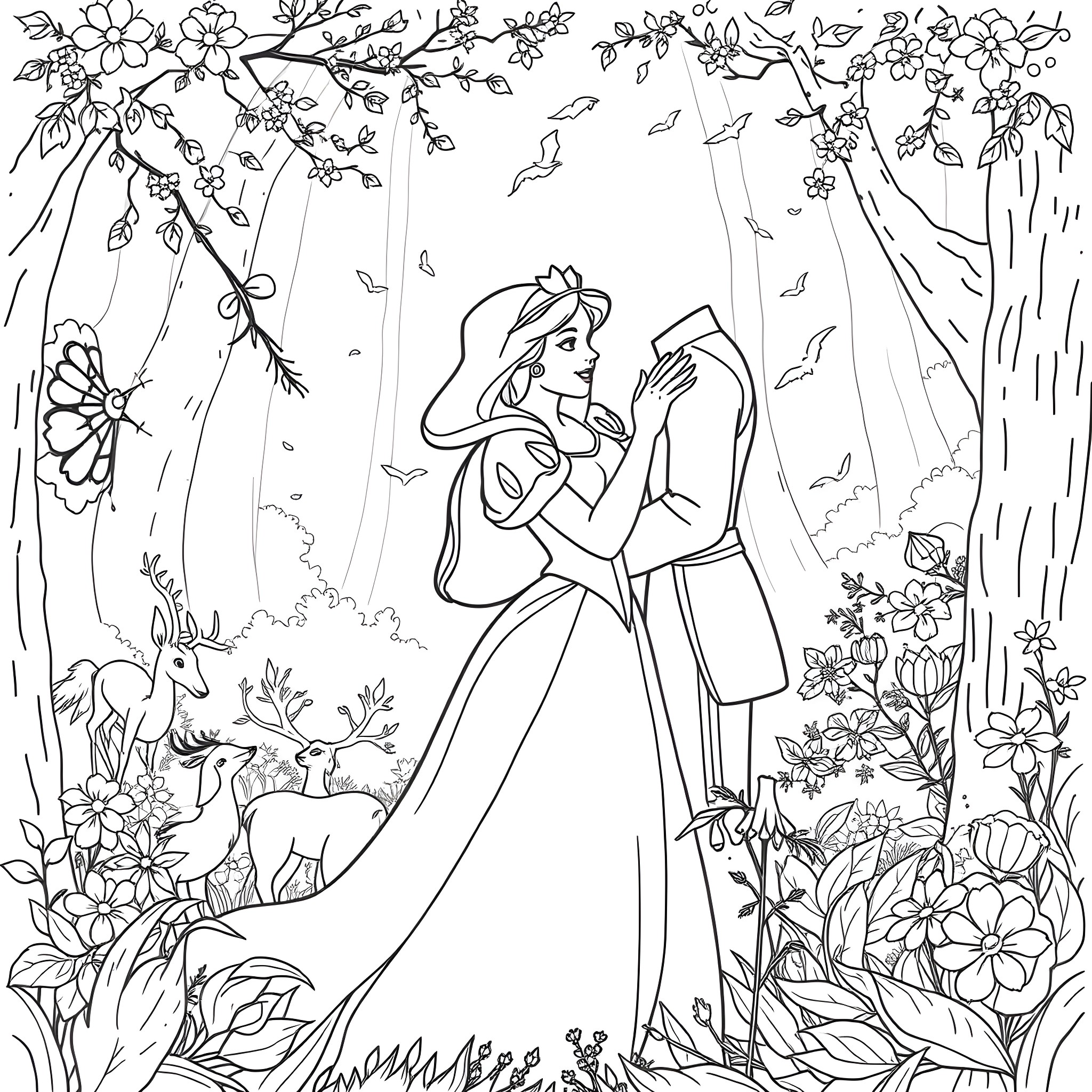 Snow White embracing Prince Charming in enchanted forest Coloring Page (free black-and-white line drawing printable PDF for all, from beginners to advanced learners, including children, teens, adults, and seniors)
