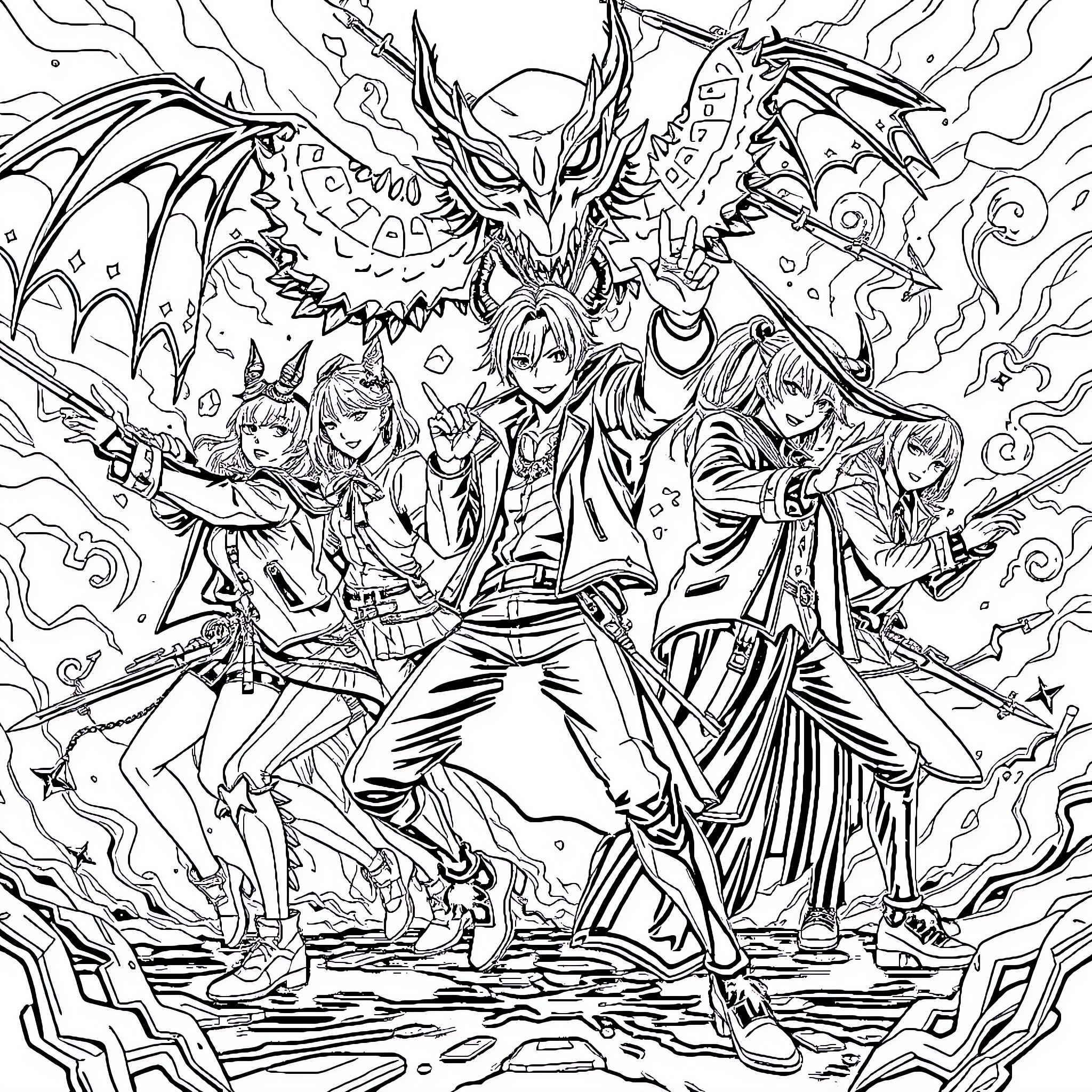 Demon Hunter Battles Fierce Dragon with Allies Coloring Page (free black-and-white line drawing printable PDF for all, from beginners to advanced learners, including children, teens, adults, and seniors)