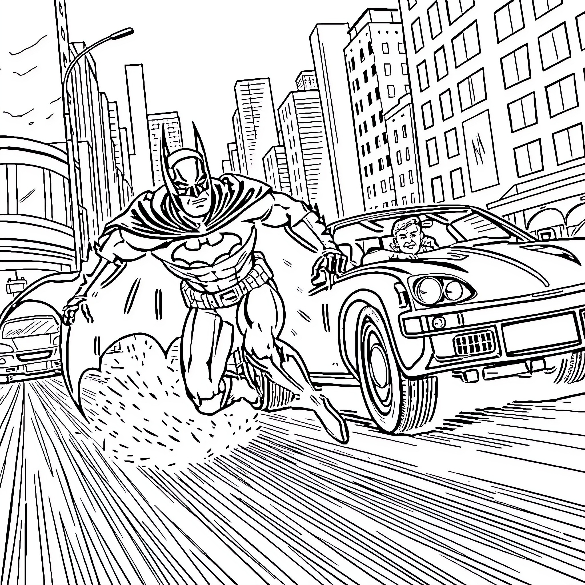 Batman speeds through the city in his Batmobile Coloring Page (free black-and-white line drawing printable PDF for all, from beginners to advanced learners, including children, teens, adults, and seniors)