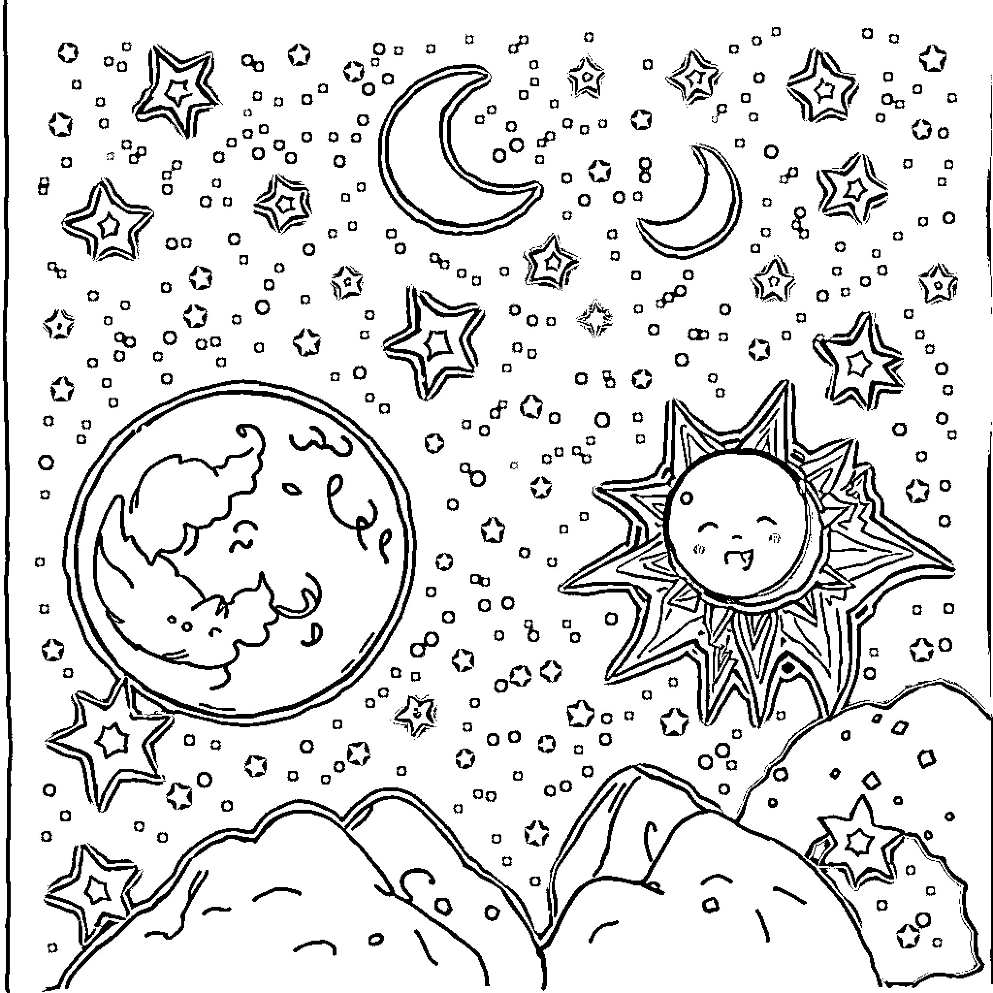 Celestial Dreamscape with Whimsical Cosmic Elements Coloring Page (free black-and-white line drawing printable PDF for all, from beginners to advanced learners, including children, teens, adults, and seniors)