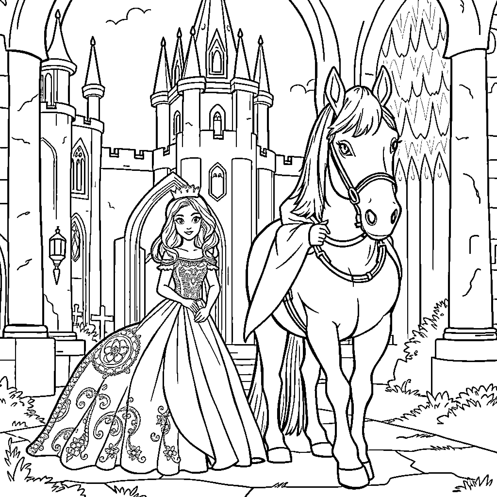 Princess Admiring Royal Castle and Horse Coloring Page (free black-and-white line drawing printable PDF for all, from beginners to advanced learners, including children, teens, adults, and seniors)