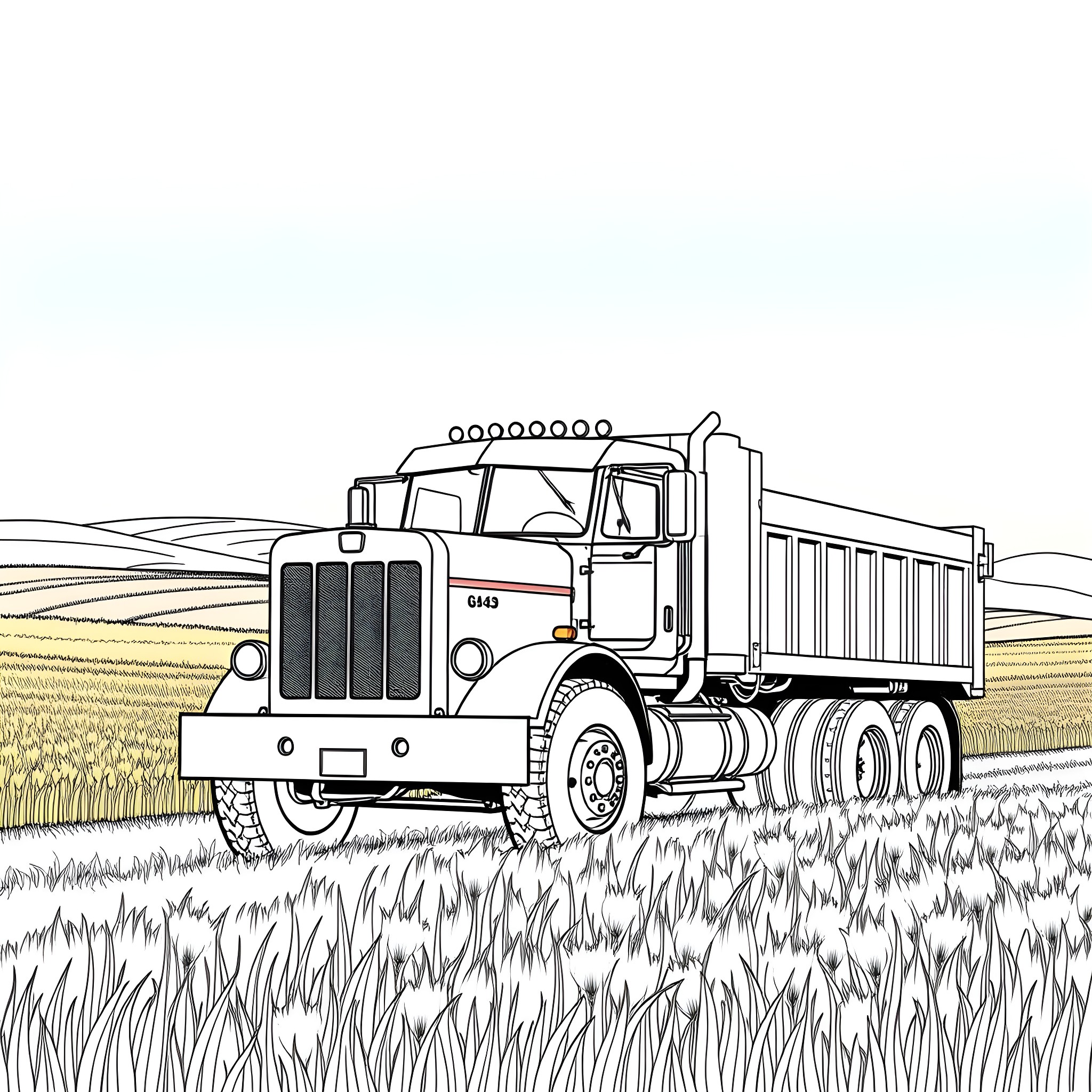 Grain Truck Hauling Harvest in Rural Countryside Coloring Page (free black-and-white line drawing printable PDF for all, from beginners to advanced learners, including children, teens, adults, and seniors)