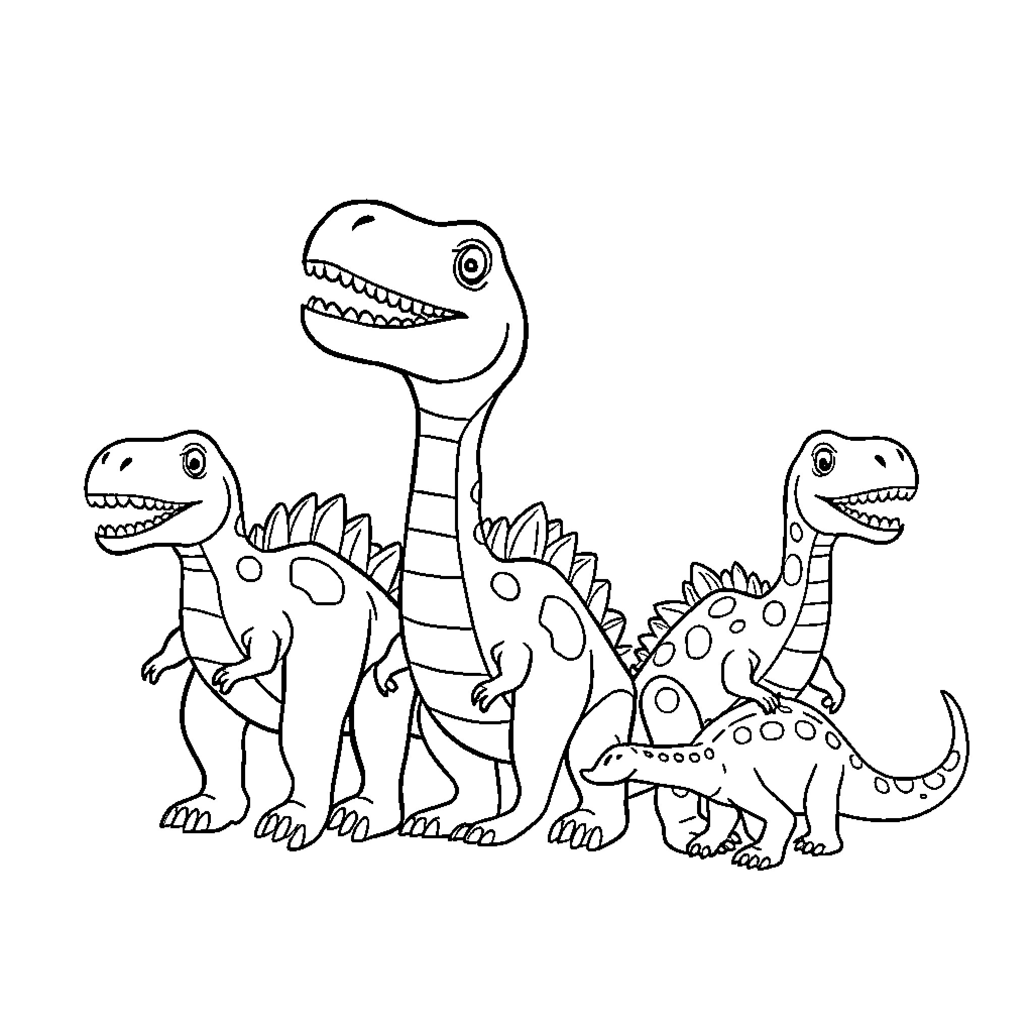 Dino friends explore their prehistoric world Coloring Page (free black-and-white line drawing printable PDF for all, from beginners to advanced learners, including children, teens, adults, and seniors)