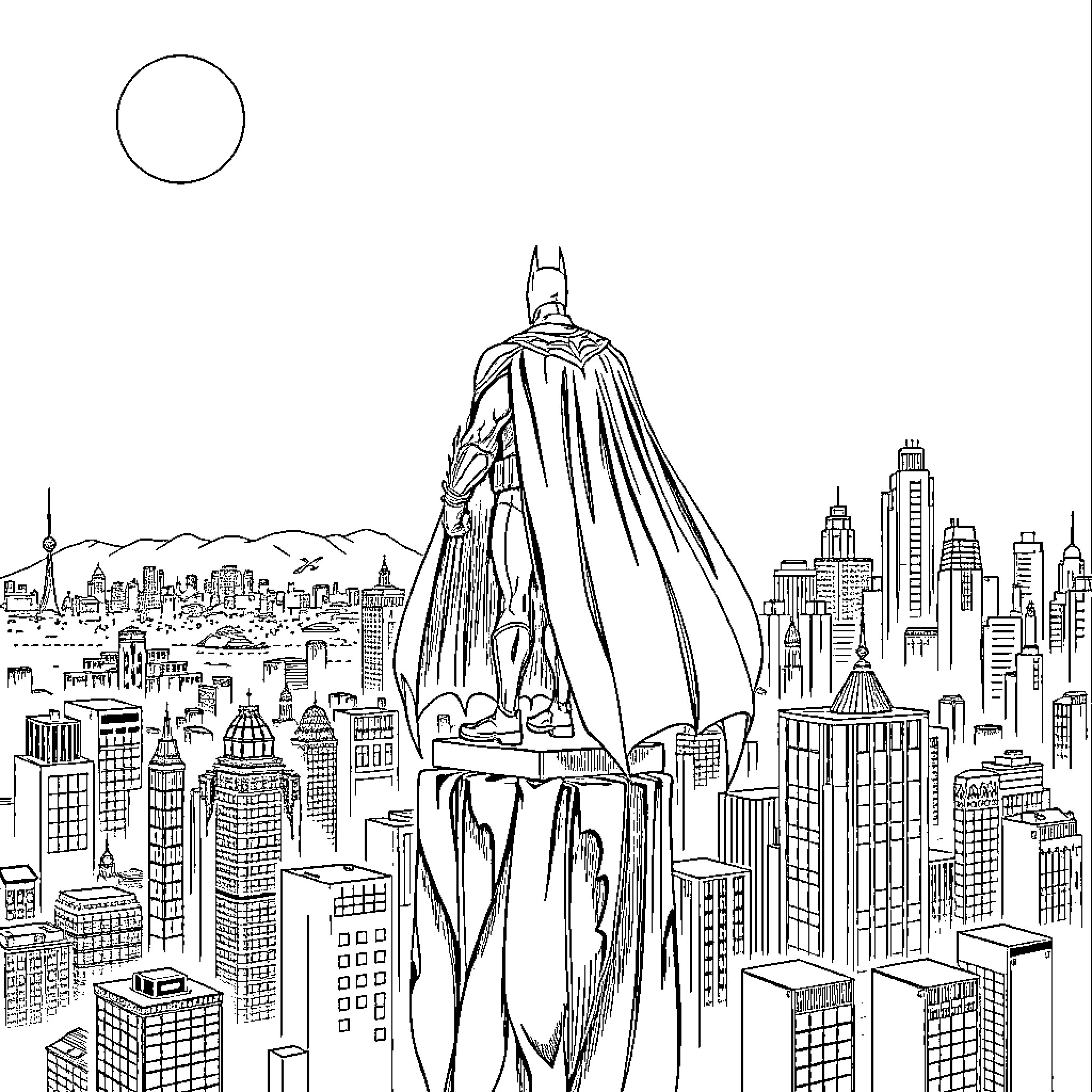 Batman overlooking the city skyline Coloring Page (free black-and-white line drawing printable PDF for all, from beginners to advanced learners, including children, teens, adults, and seniors)