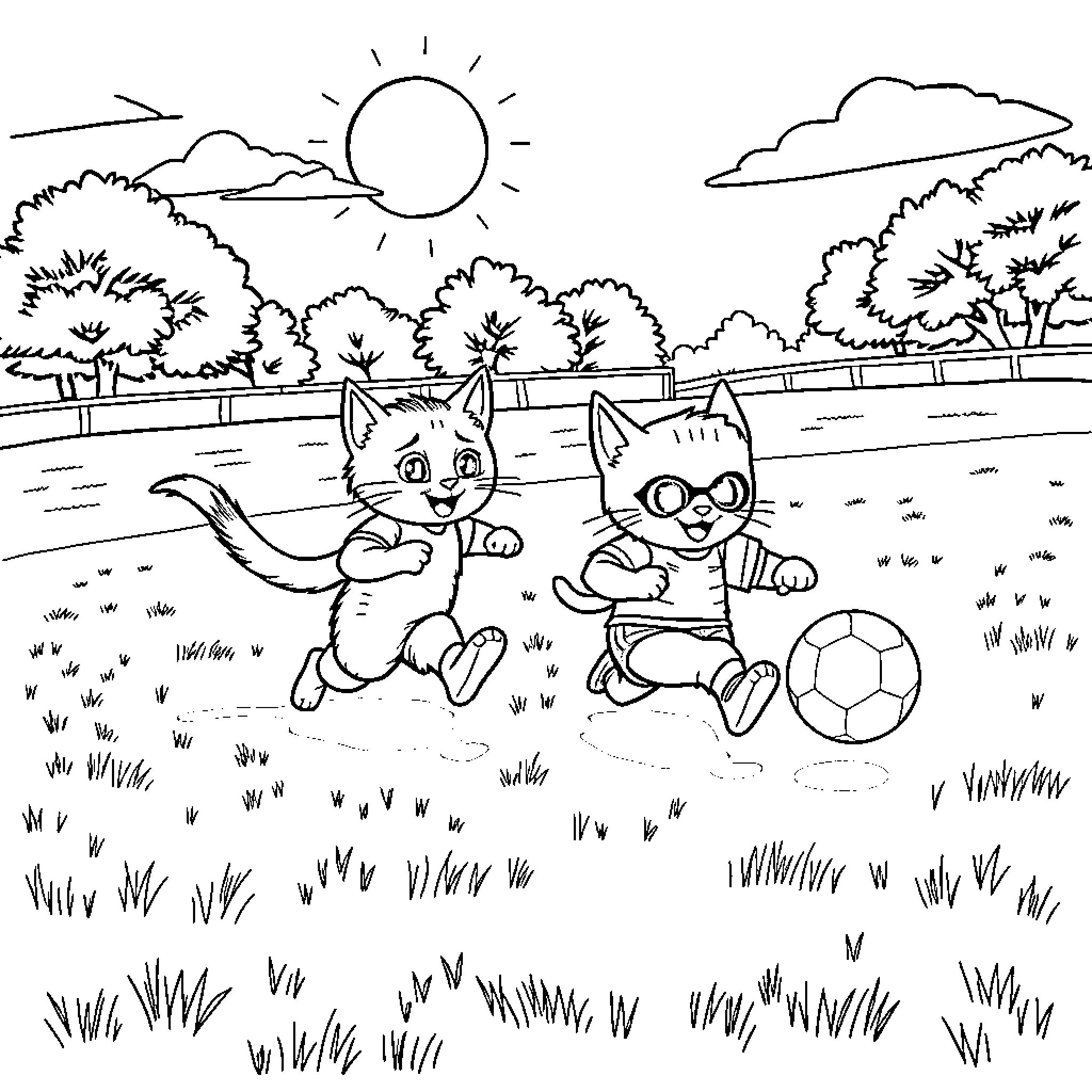 Kitty Cats Enjoying Outdoor Fun Coloring Page (free black-and-white line drawing printable PDF for all, from beginners to advanced learners, including children, teens, adults, and seniors)