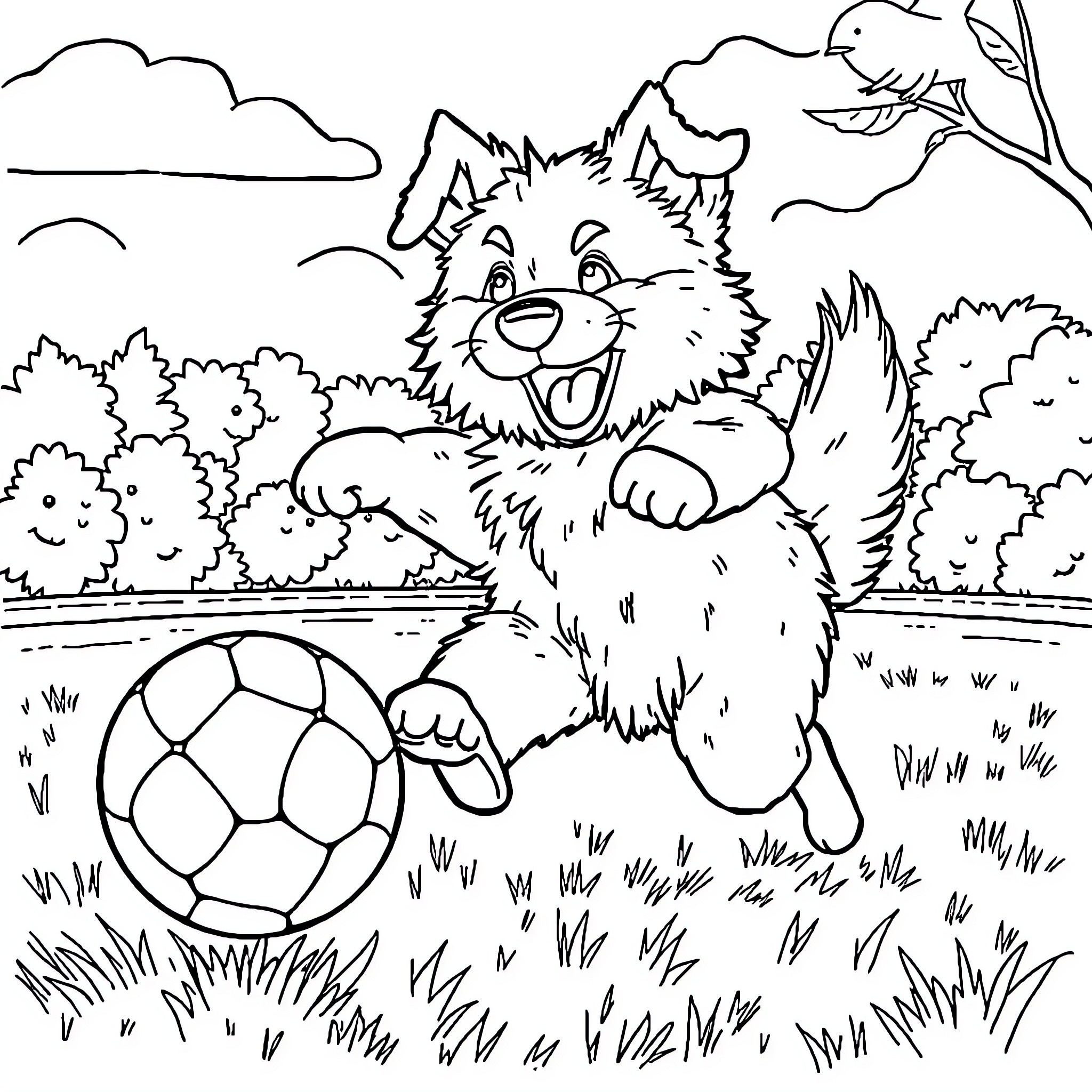 Dog playing happily with soccer ball in the park Coloring Page (free black-and-white line drawing printable PDF for all, from beginners to advanced learners, including children, teens, adults, and seniors)