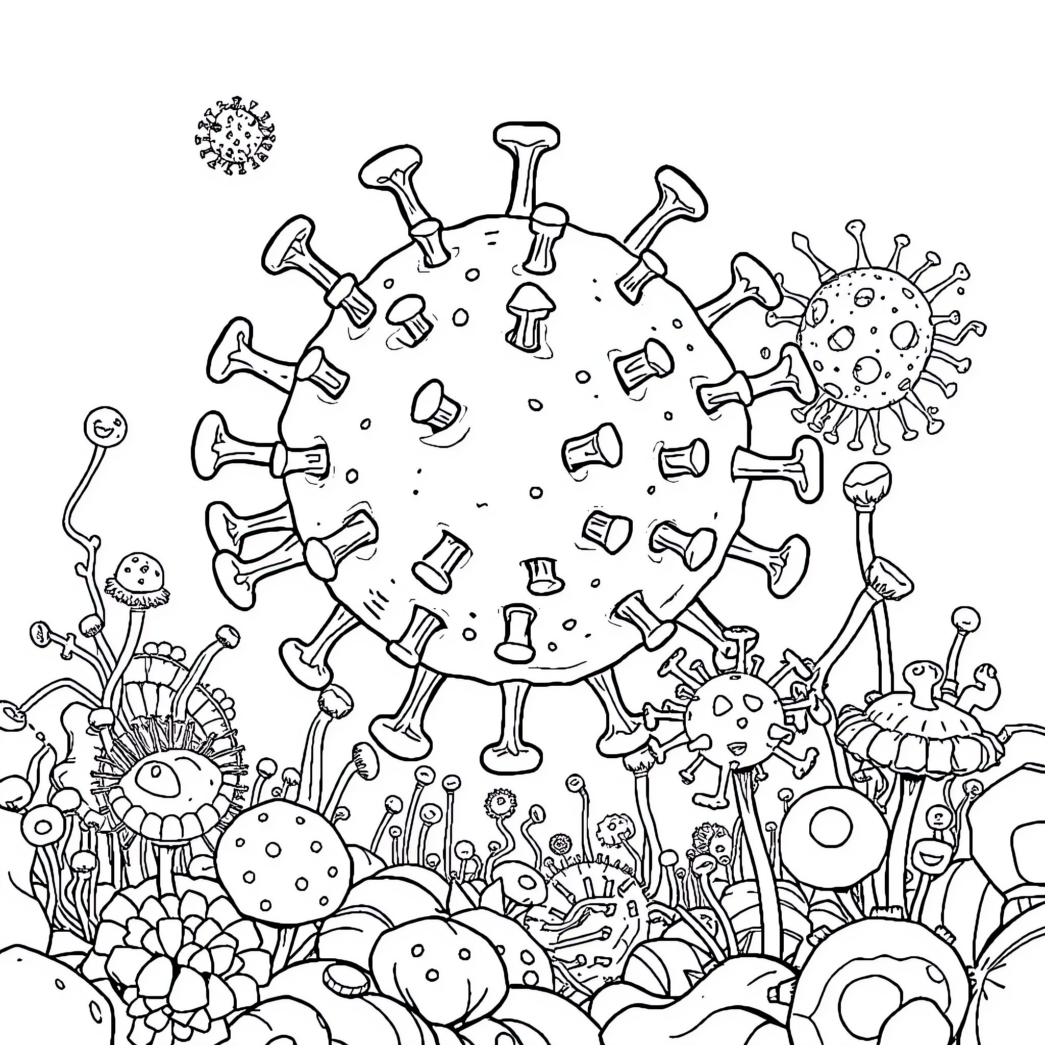 Virus infecting and spreading among whimsical fungi and flora Coloring Page (free black-and-white line drawing printable PDF for all, from beginners to advanced learners, including children, teens, adults, and seniors)