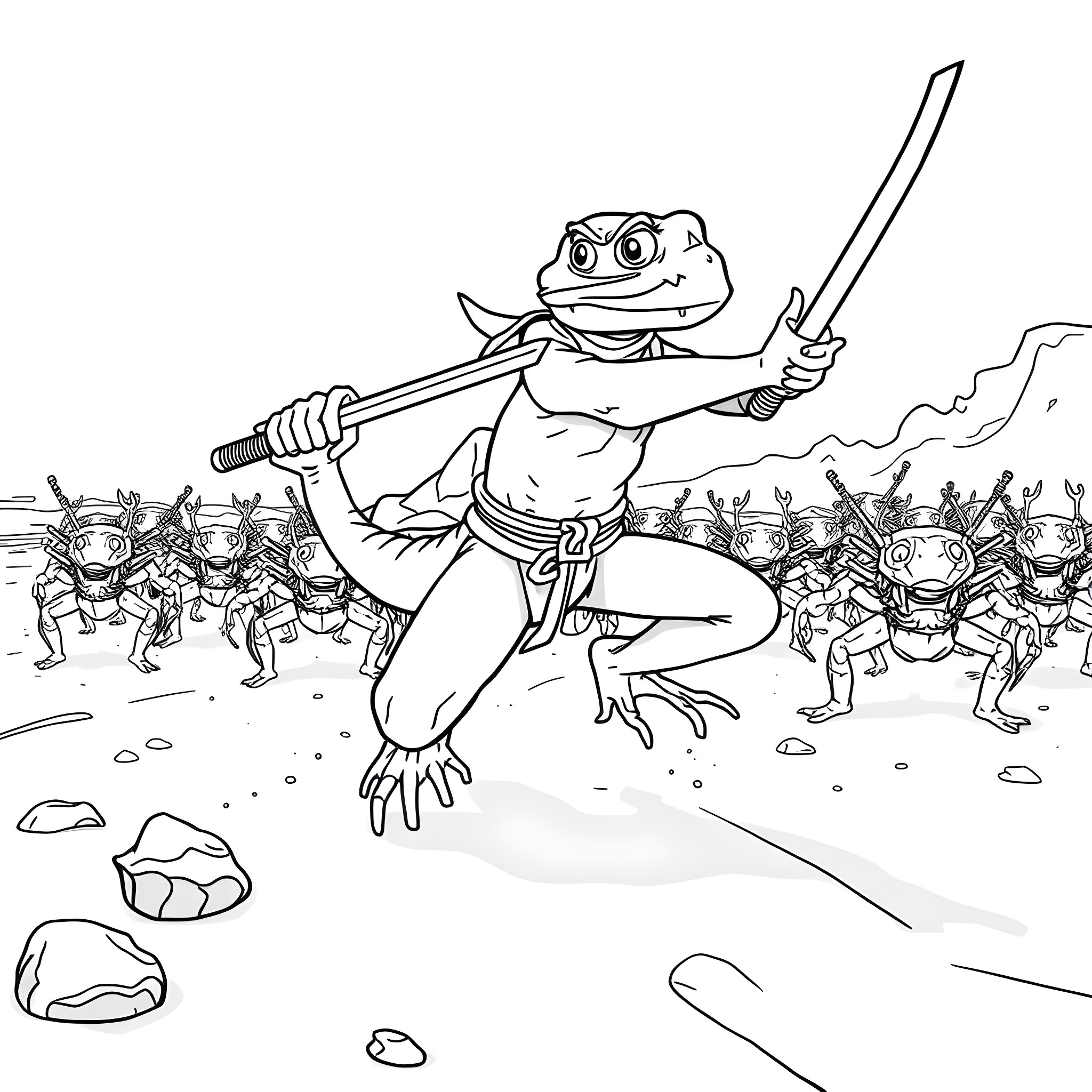 Gecko warrior leading an army of frogs into battle Coloring Page (free black-and-white line drawing printable PDF for all, from beginners to advanced learners, including children, teens, adults, and seniors)