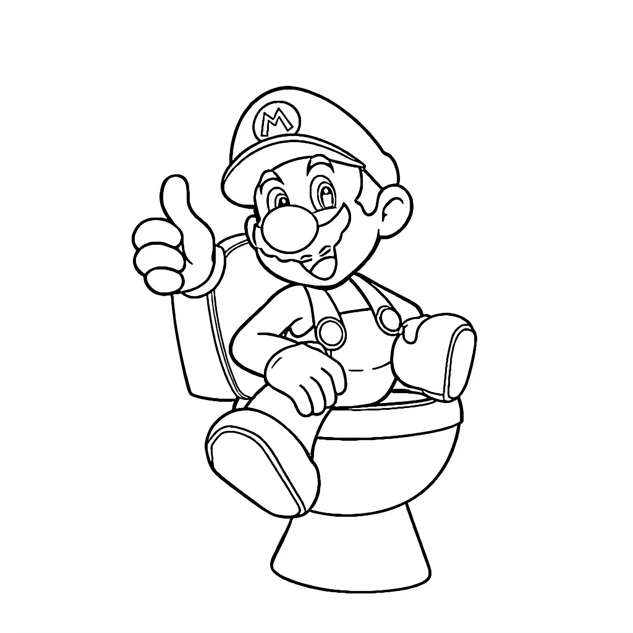 Super Mario Sitting on Toilet with Thumbs Up Coloring Page (free black-and-white line drawing printable PDF for all, from beginners to advanced learners, including children, teens, adults, and seniors)