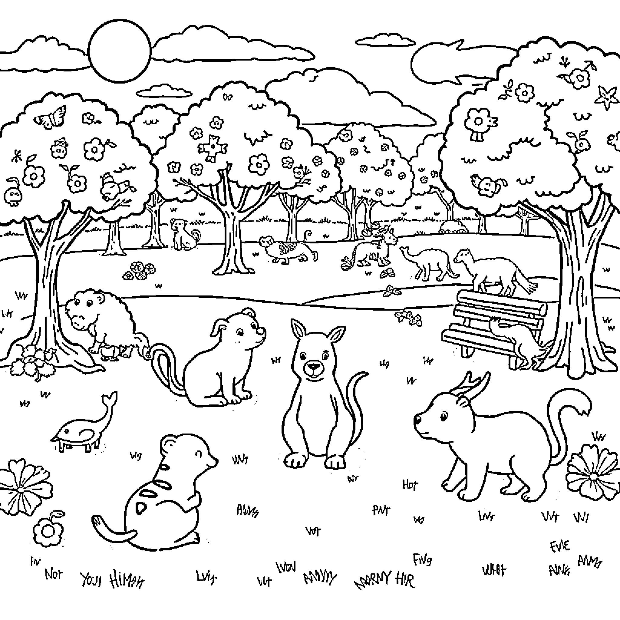 Animals playing in a serene nature scene Coloring Page (free black-and-white line drawing printable PDF for all, from beginners to advanced learners, including children, teens, adults, and seniors)
