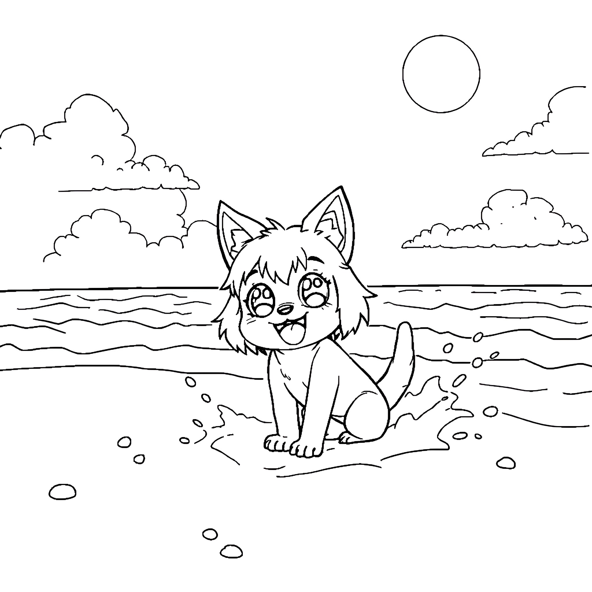 Kuromi playing cheerfully on the beach Coloring Page (free black-and-white line drawing printable PDF for all, from beginners to advanced learners, including children, teens, adults, and seniors)