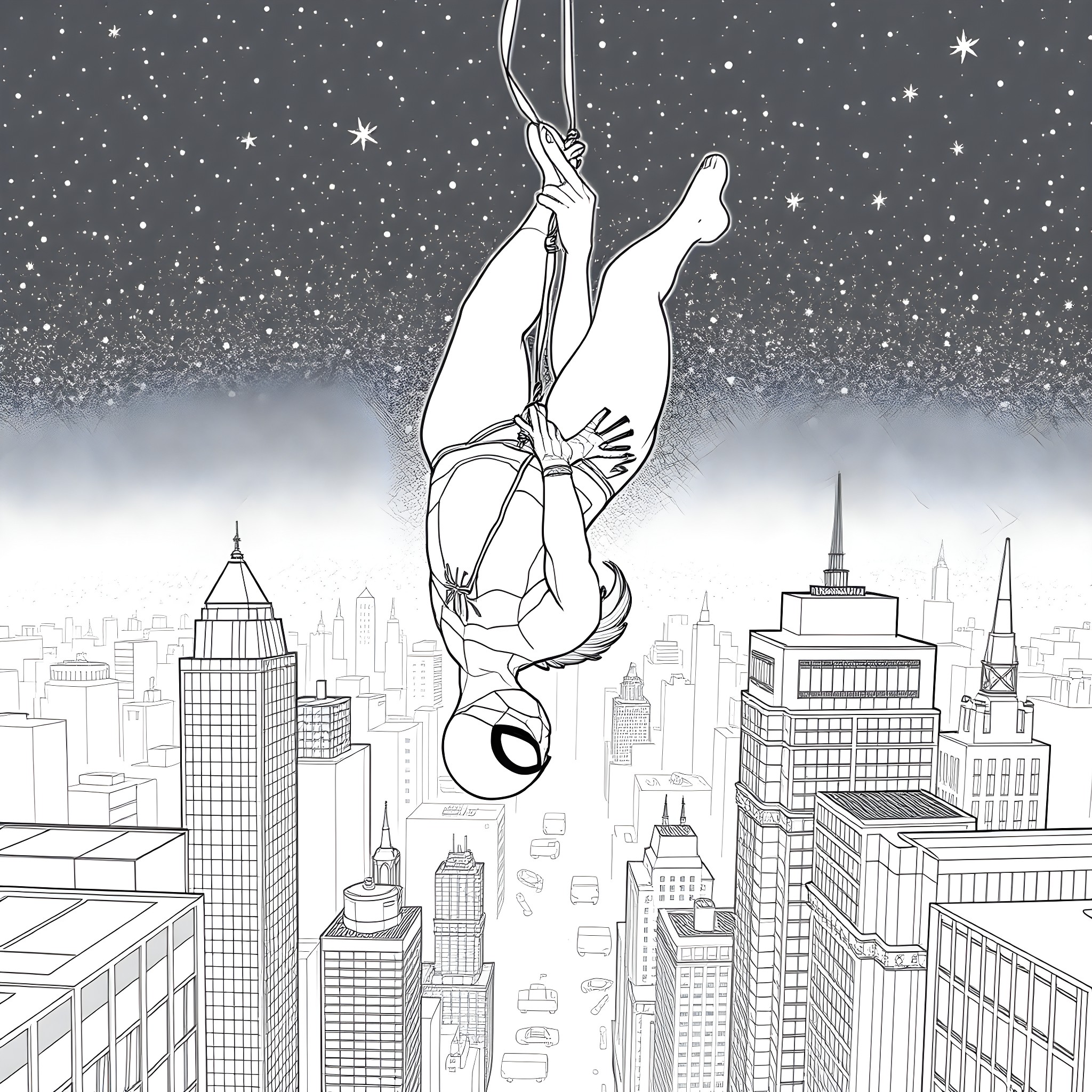 Spider-Man Swinging Through the Starry Night City Coloring Page (free black-and-white line drawing printable PDF for all, from beginners to advanced learners, including children, teens, adults, and seniors)
