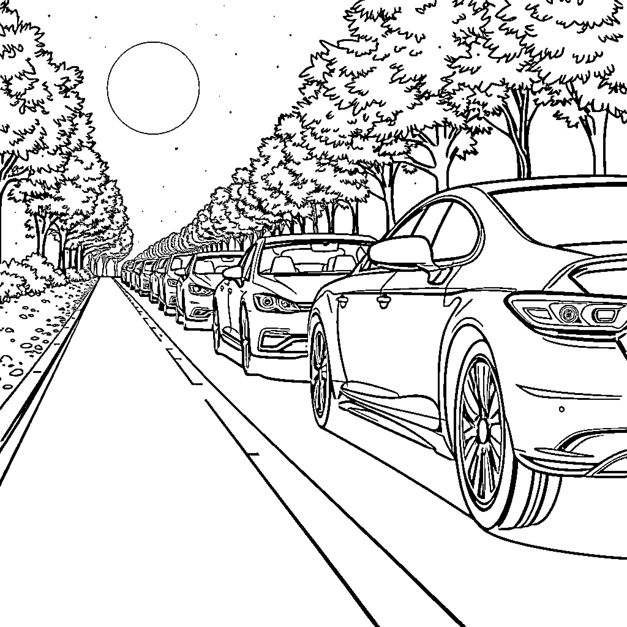 Car lineup on a scenic road Coloring Page (free black-and-white line drawing printable PDF for all, from beginners to advanced learners, including children, teens, adults, and seniors)