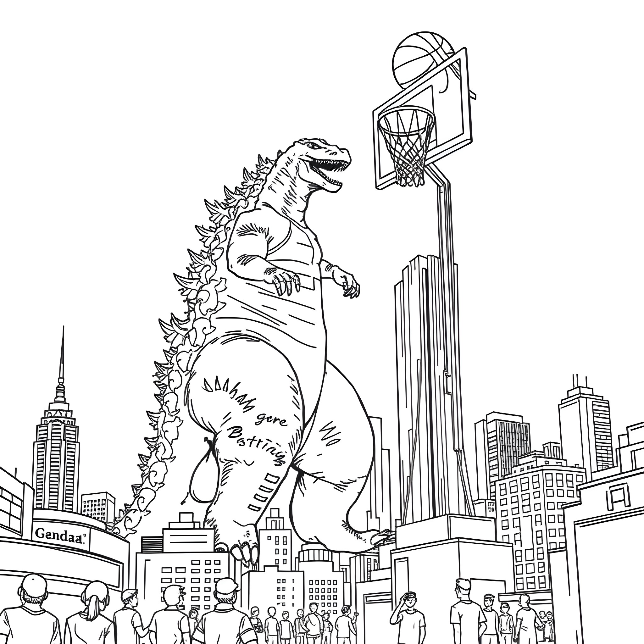 Godzilla Wreaking Havoc in the City Coloring Page (free black-and-white line drawing printable PDF for all, from beginners to advanced learners, including children, teens, adults, and seniors)