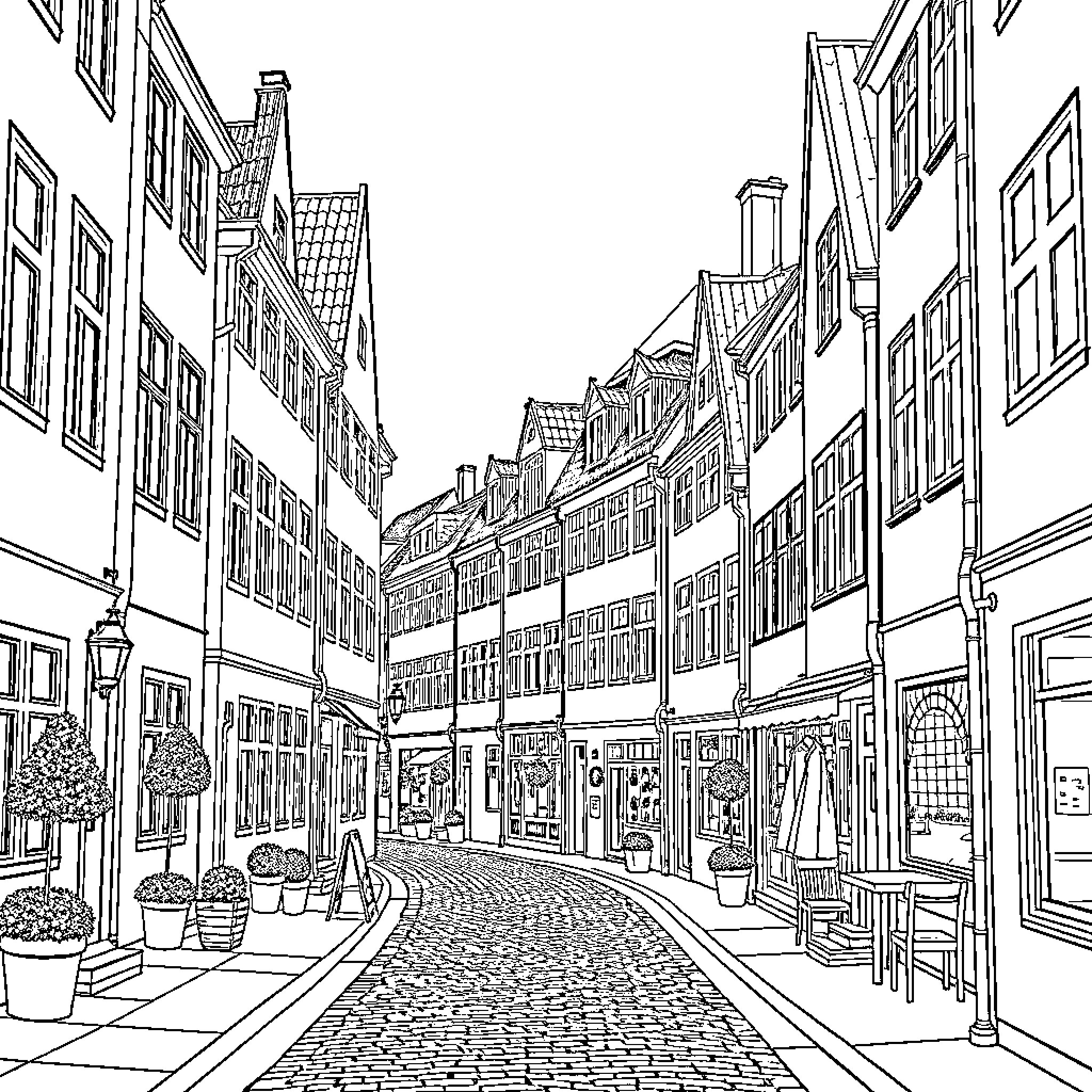 Architecture of a charming European city street Coloring Page (free black-and-white line drawing printable PDF for all, from beginners to advanced learners, including children, teens, adults, and seniors)