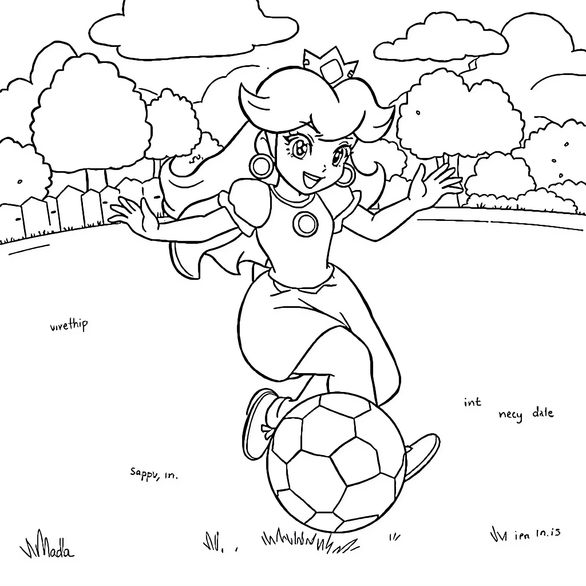 Princess Joyfully Playing with Soccer Ball in Park Coloring Page (free black-and-white line drawing printable PDF for all, from beginners to advanced learners, including children, teens, adults, and seniors)
