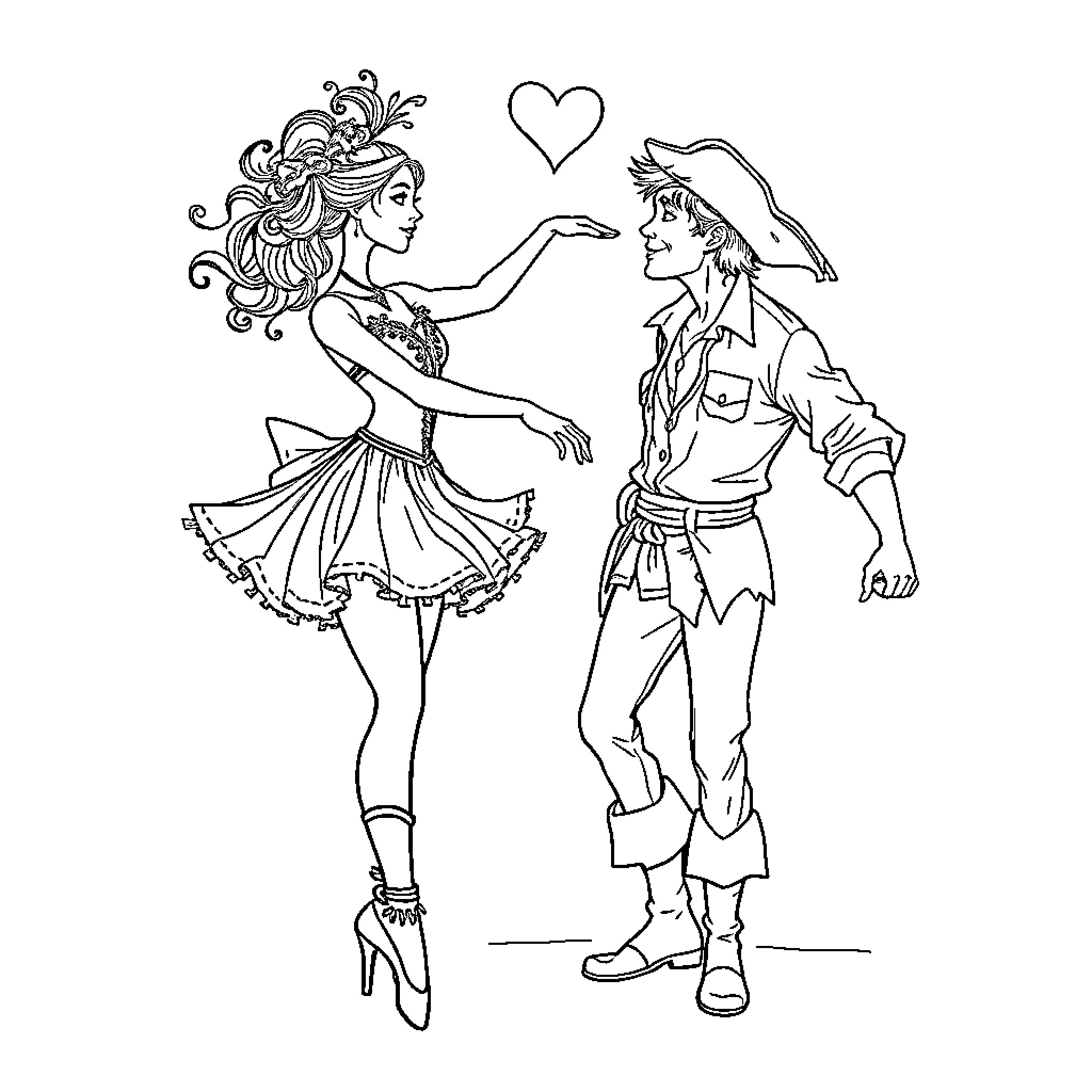 Ballet Dancer and Cowboy Embracing with Heart Coloring Page (free black-and-white line drawing printable PDF for all, from beginners to advanced learners, including children, teens, adults, and seniors)