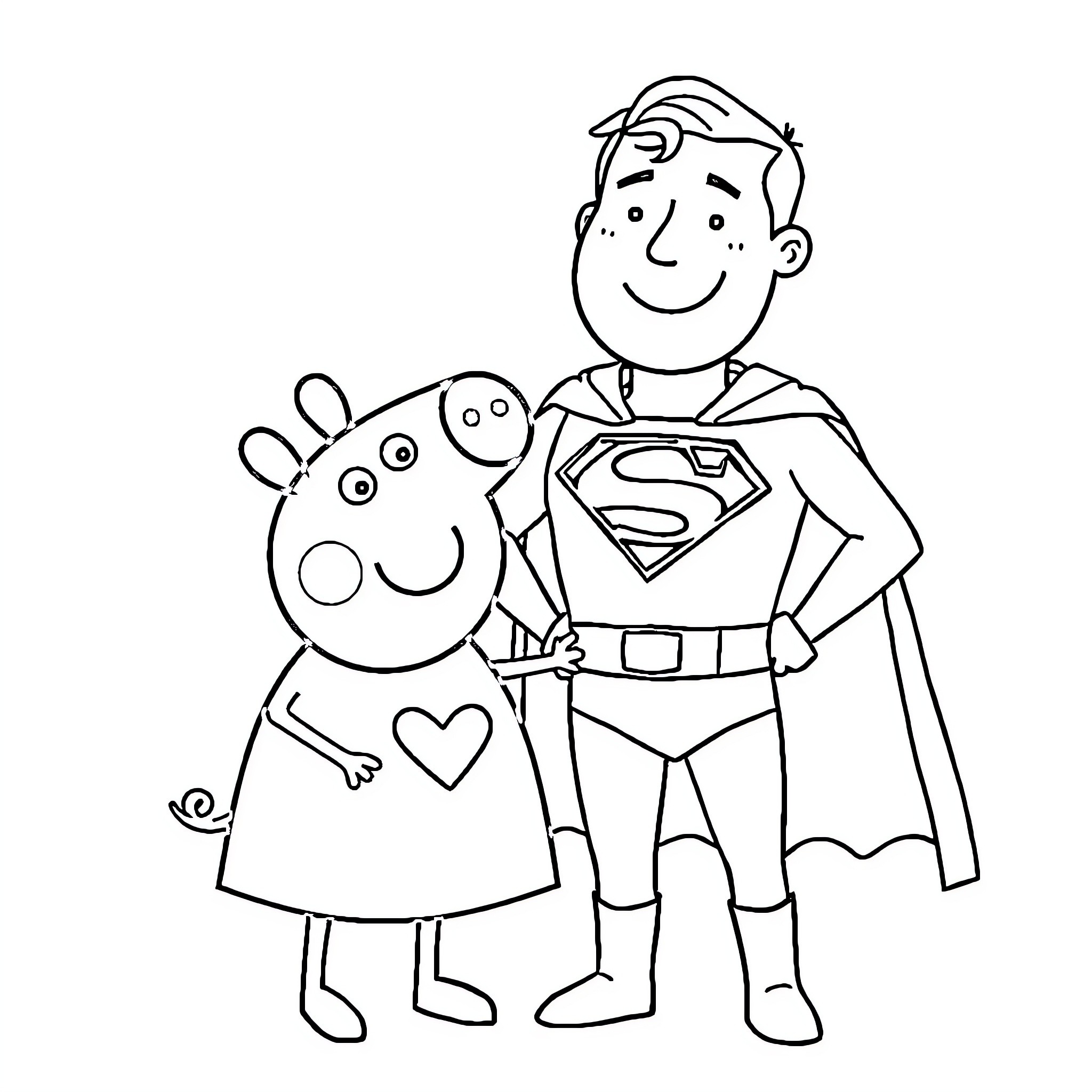 Peppa Pig and Superman playing together Coloring Page (free black-and-white line drawing printable PDF for all, from beginners to advanced learners, including children, teens, adults, and seniors)