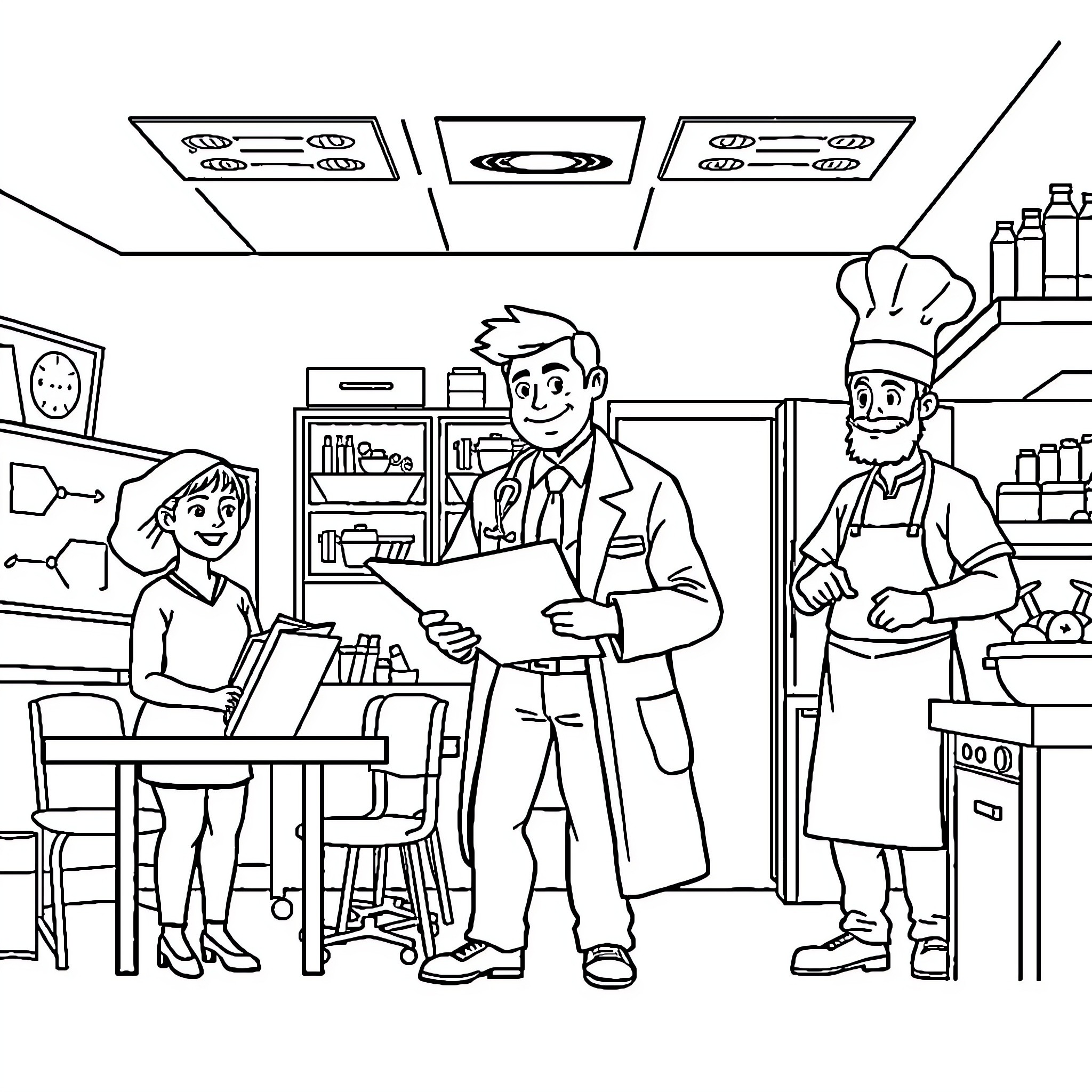 Job Interview at Cooking Lab Coloring Page (free black-and-white line drawing printable PDF for all, from beginners to advanced learners, including children, teens, adults, and seniors)