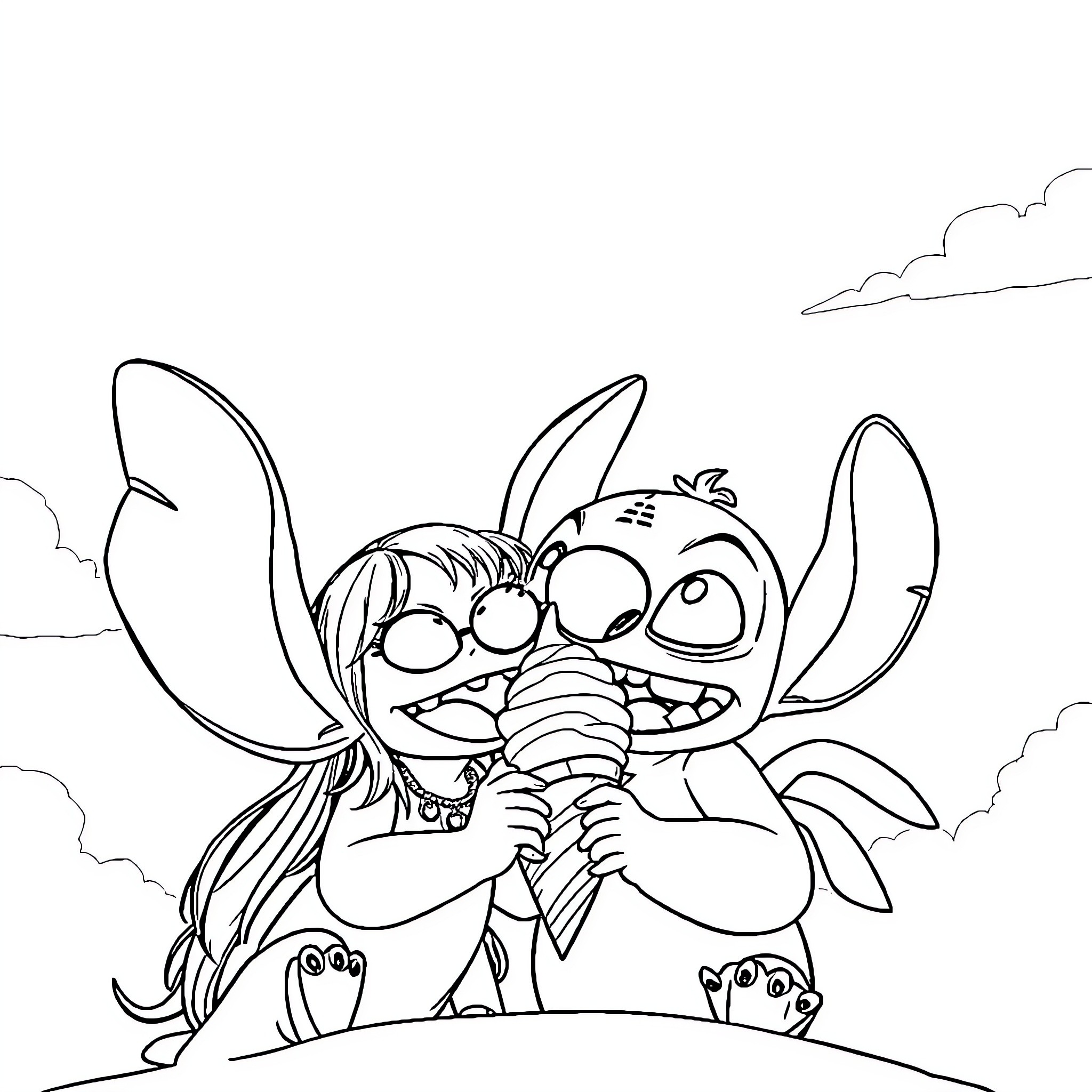 Angel Stitch munching on a snack happily Coloring Page (free black-and-white line drawing printable PDF for all, from beginners to advanced learners, including children, teens, adults, and seniors)