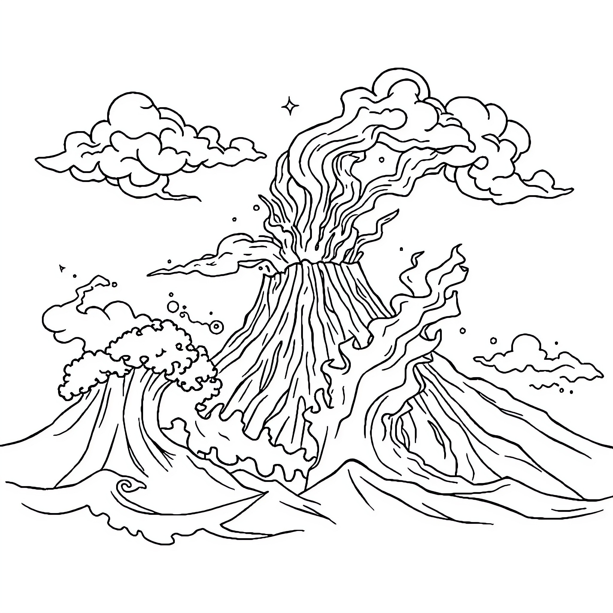 Volcano erupting with dramatic lava flow Coloring Page (free black-and-white line drawing printable PDF for all, from beginners to advanced learners, including children, teens, adults, and seniors)