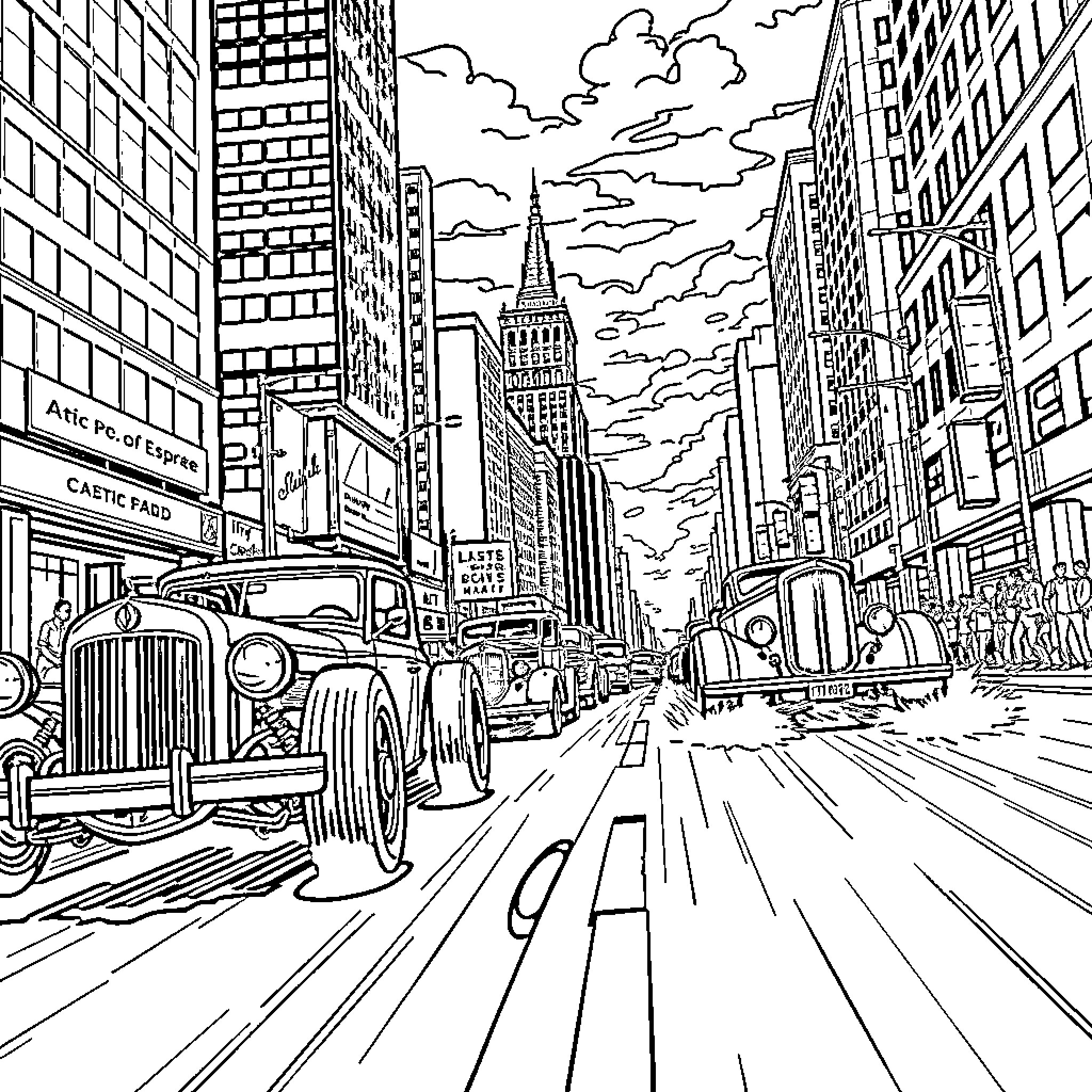 Hot Rod City Street with Classic Cars and Skyscrapers Coloring Page (free black-and-white line drawing printable PDF for all, from beginners to advanced learners, including children, teens, adults, and seniors)