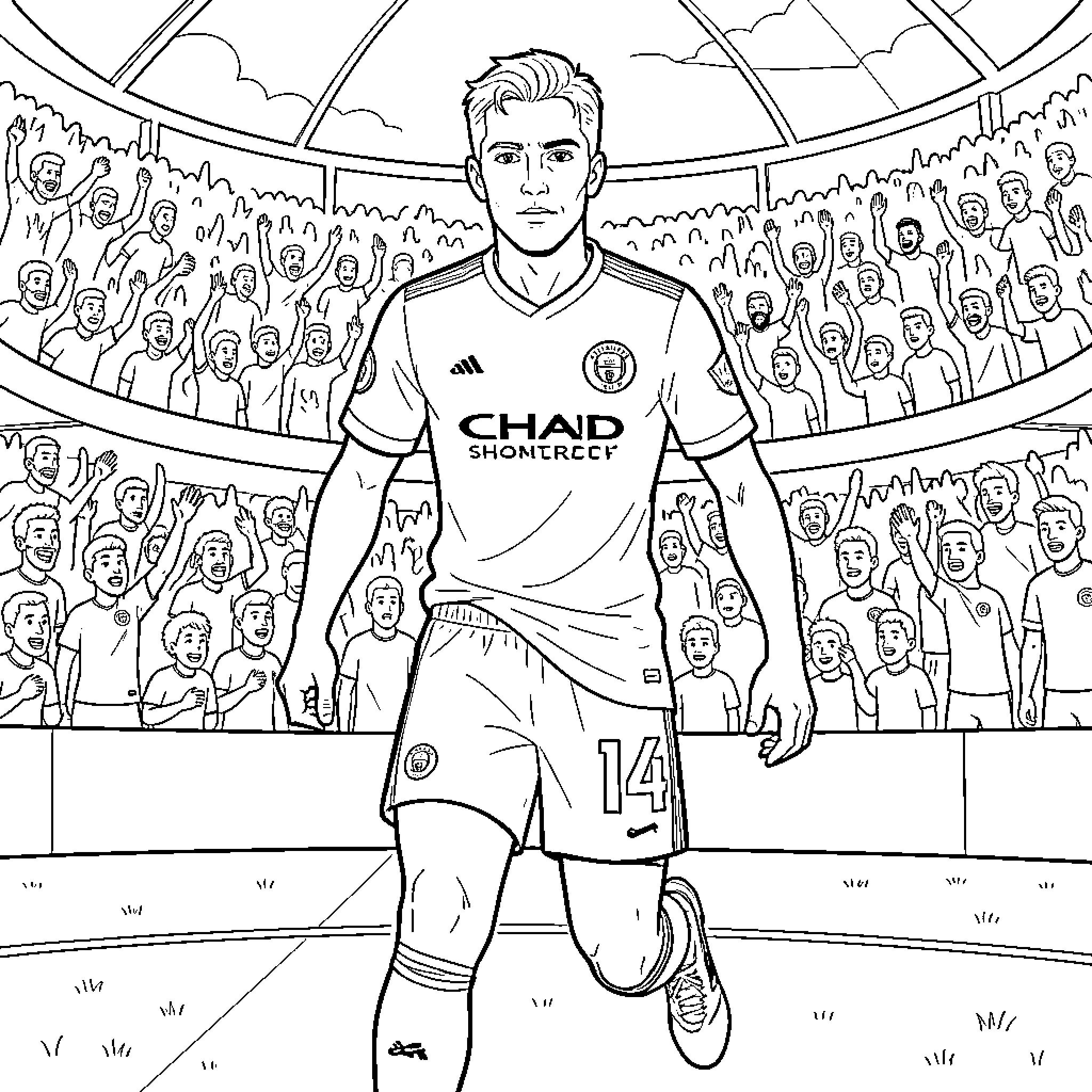 Eldor Shomurodov celebrating a victory before a cheering crowd Coloring Page (free black-and-white line drawing printable PDF for all, from beginners to advanced learners, including children, teens, adults, and seniors)