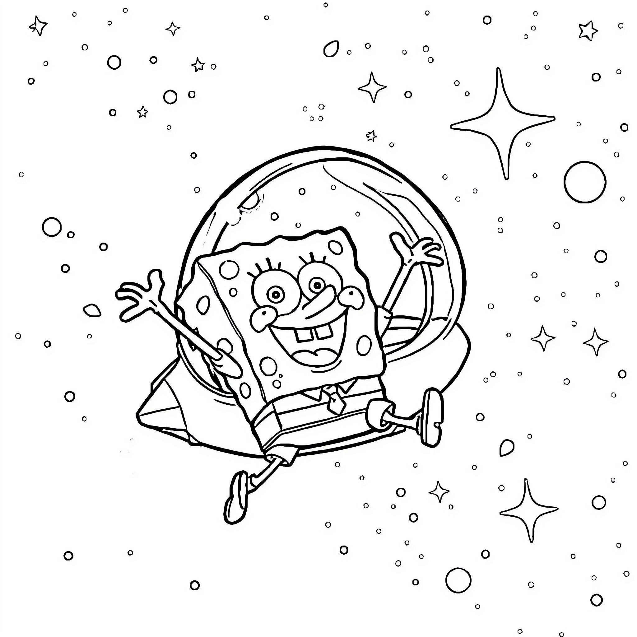 Spongebob enjoying cosmic adventure in space Coloring Page (free black-and-white line drawing printable PDF for all, from beginners to advanced learners, including children, teens, adults, and seniors)