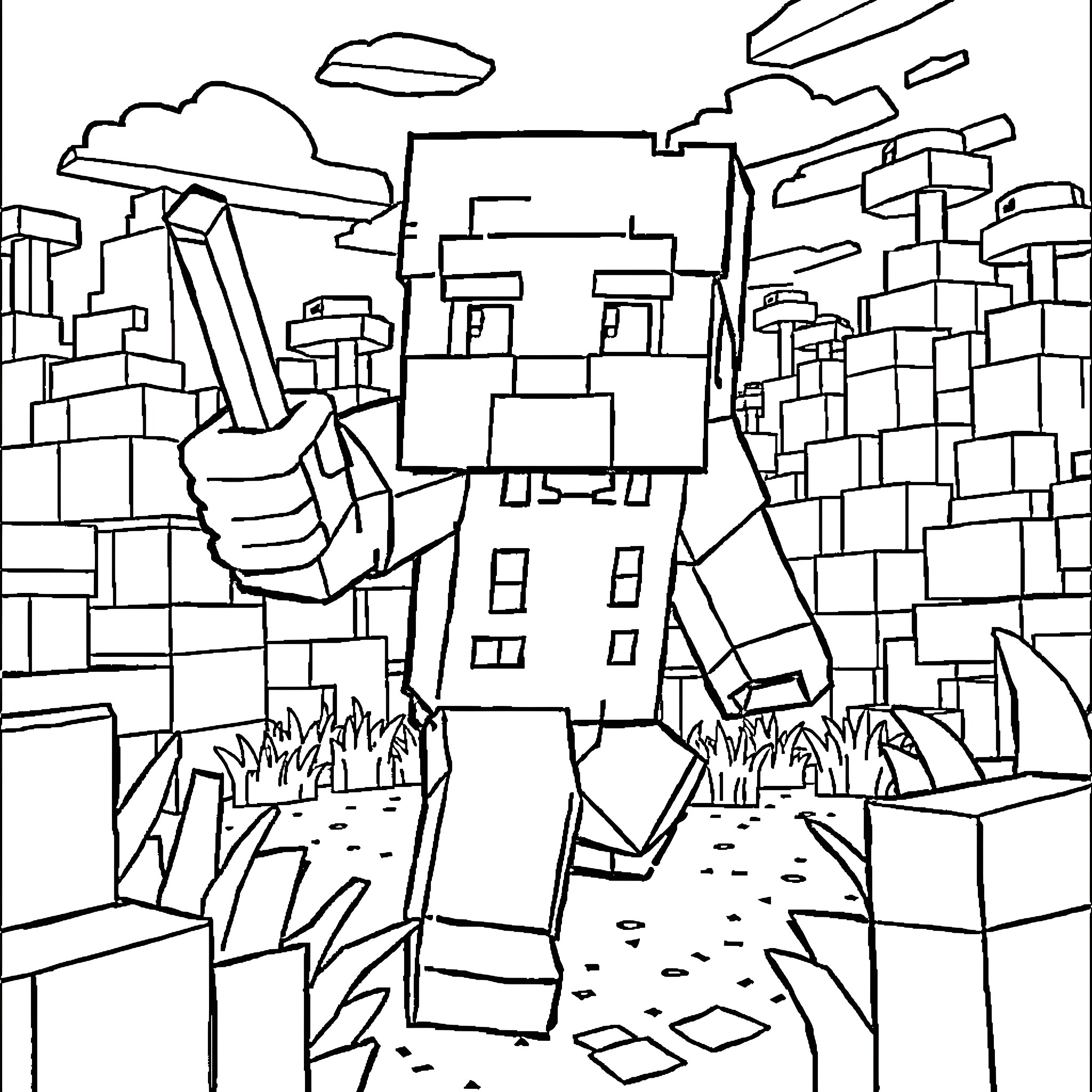 Minecraft character exploring a blocky landscape Coloring Page (free black-and-white line drawing printable PDF for all, from beginners to advanced learners, including children, teens, adults, and seniors)