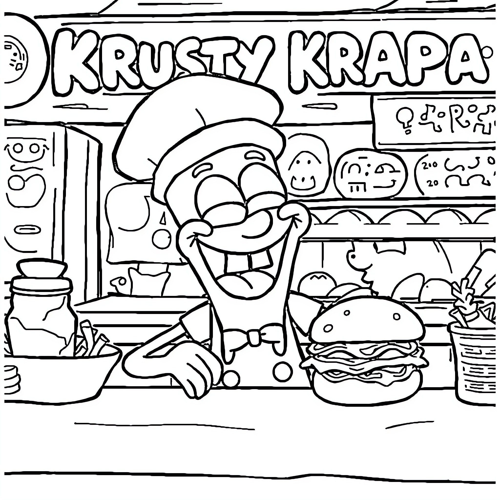Spongebob working at Krusty Krab restaurant Coloring Page (free black-and-white line drawing printable PDF for all, from beginners to advanced learners, including children, teens, adults, and seniors)