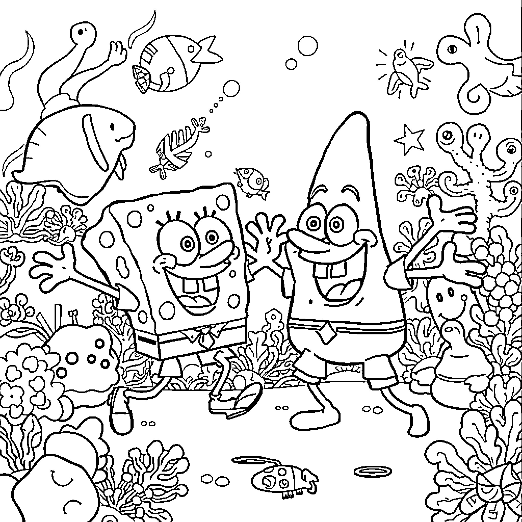 Spongebob and Friends in the Underwater Cartoon World Coloring Page (free black-and-white line drawing printable PDF for all, from beginners to advanced learners, including children, teens, adults, and seniors)
