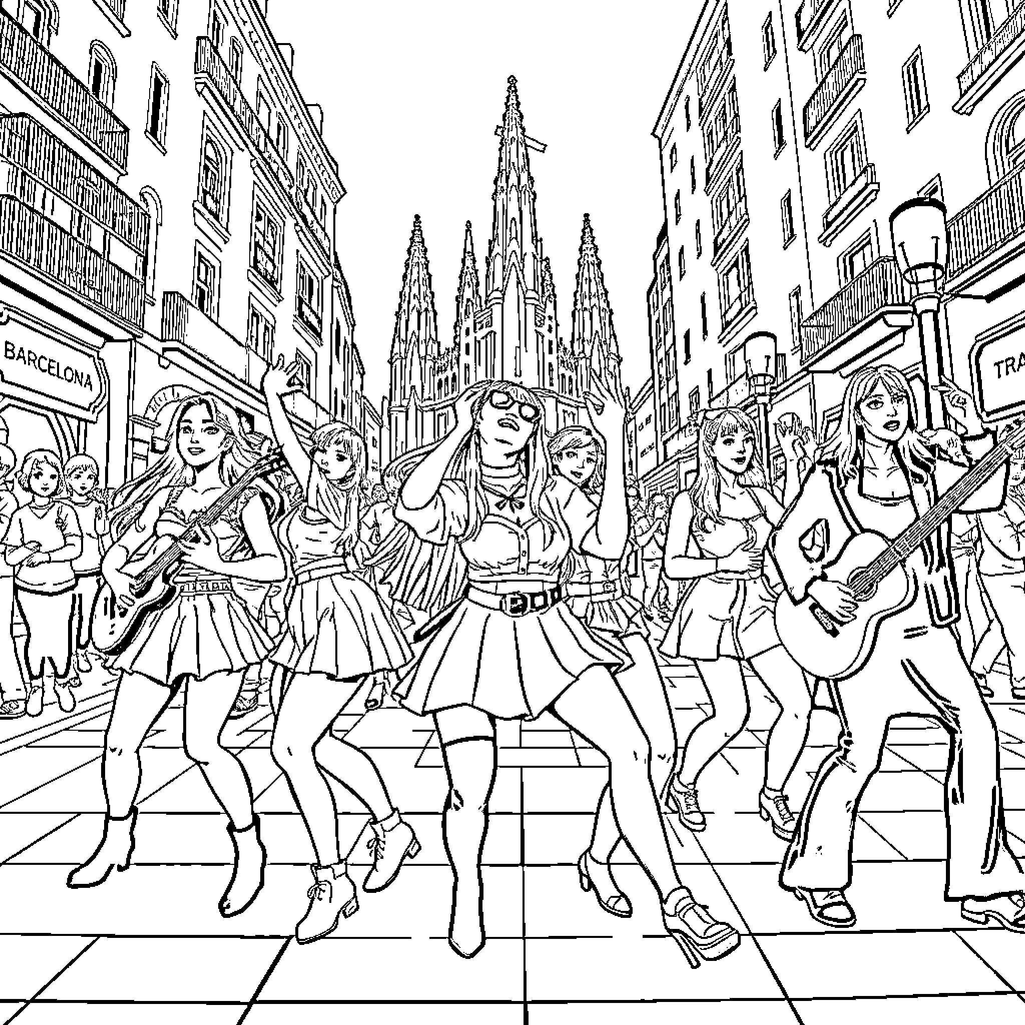 K-Pop Warriors in the City Streets Coloring Page (free black-and-white line drawing printable PDF for all, from beginners to advanced learners, including children, teens, adults, and seniors)