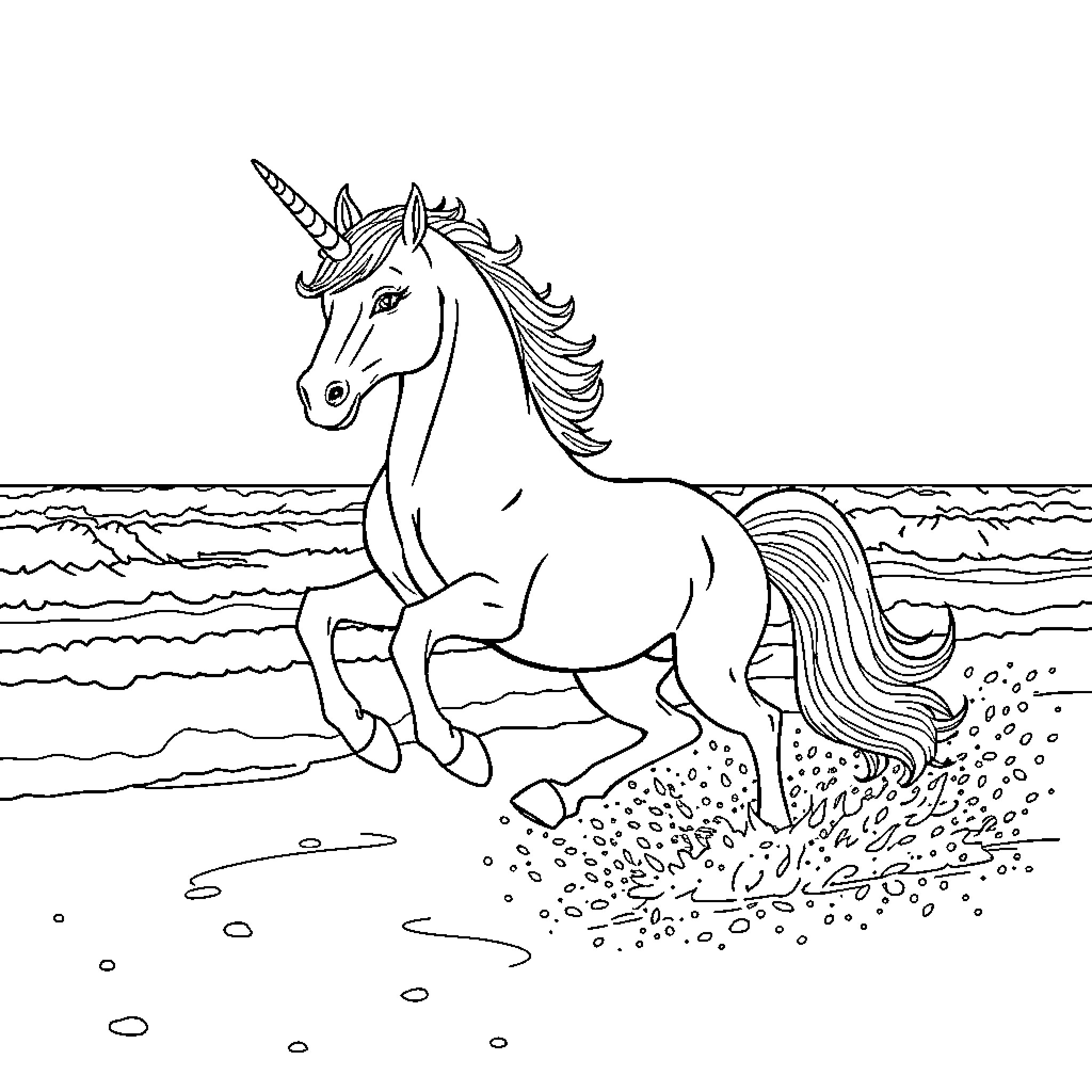 Unicorn galloping gracefully on the beach Coloring Page (free black-and-white line drawing printable PDF for all, from beginners to advanced learners, including children, teens, adults, and seniors)