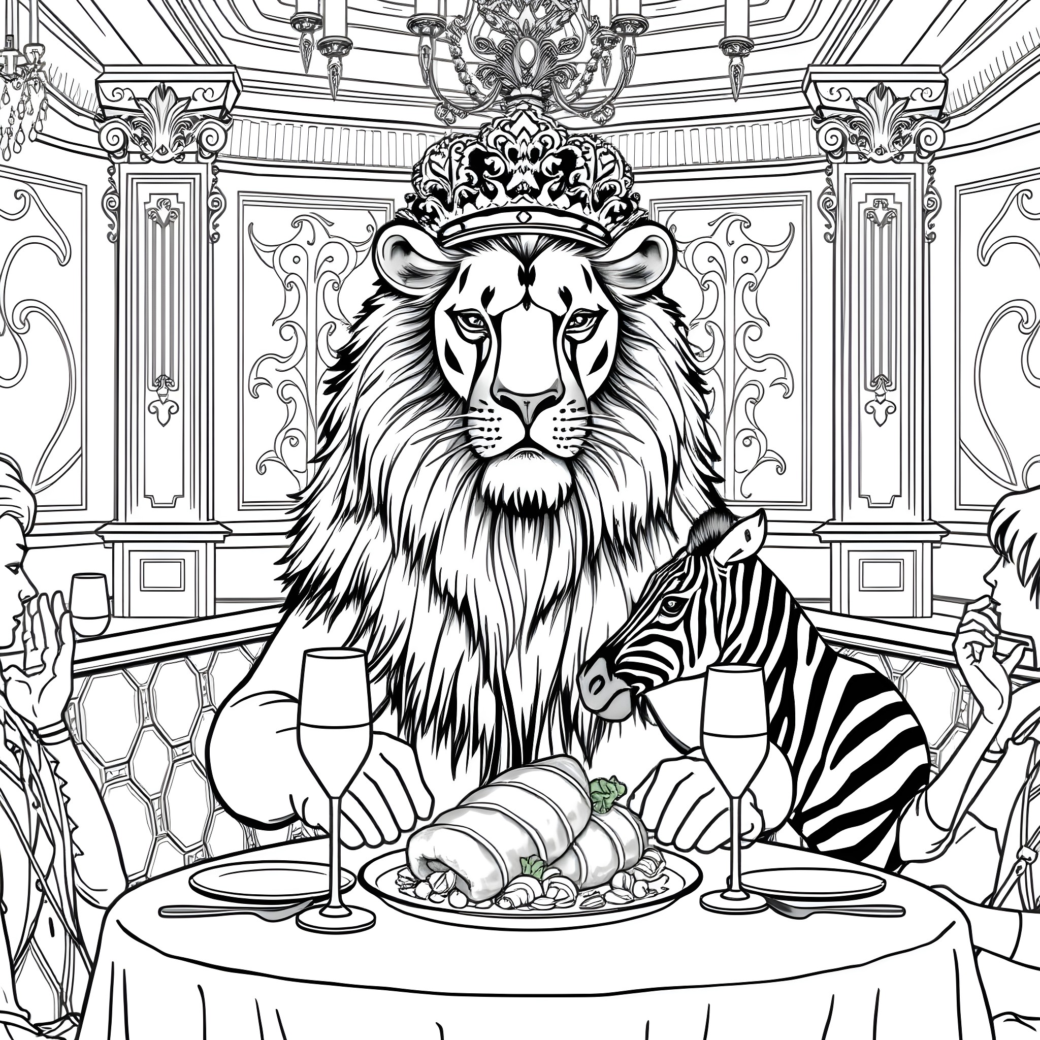 Lion Crowned King Dining in Royal Palace Coloring Page (free black-and-white line drawing printable PDF for all, from beginners to advanced learners, including children, teens, adults, and seniors)
