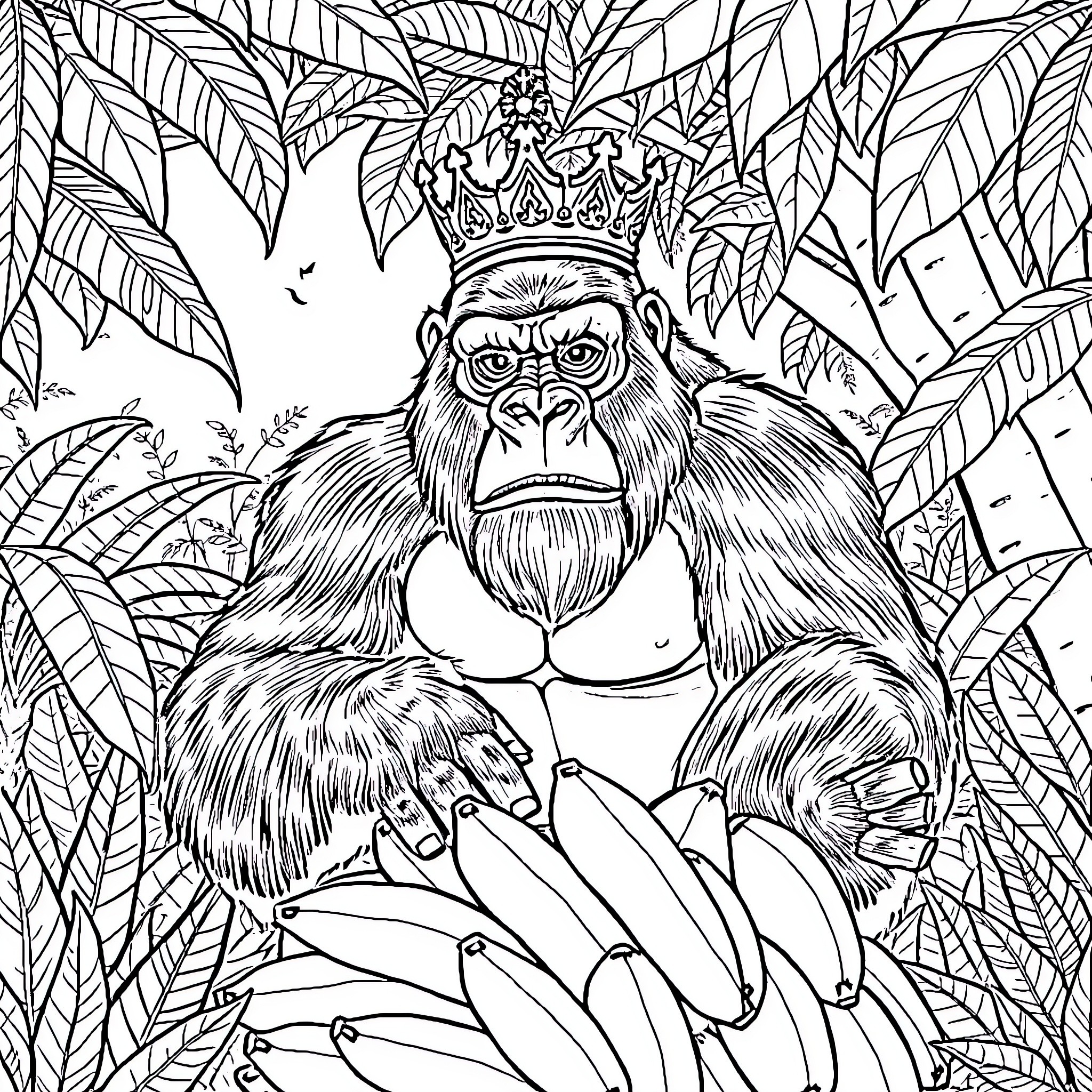Gorilla Monarch Ruling the Jungle Wilderness Coloring Page (free black-and-white line drawing printable PDF for all, from beginners to advanced learners, including children, teens, adults, and seniors)