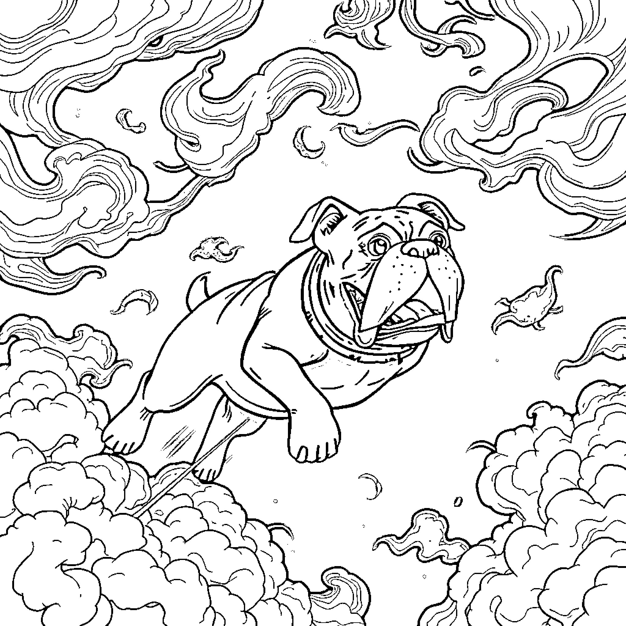 Bulldog Roaring Amid Swirling Clouds Coloring Page (free black-and-white line drawing printable PDF for all, from beginners to advanced learners, including children, teens, adults, and seniors)