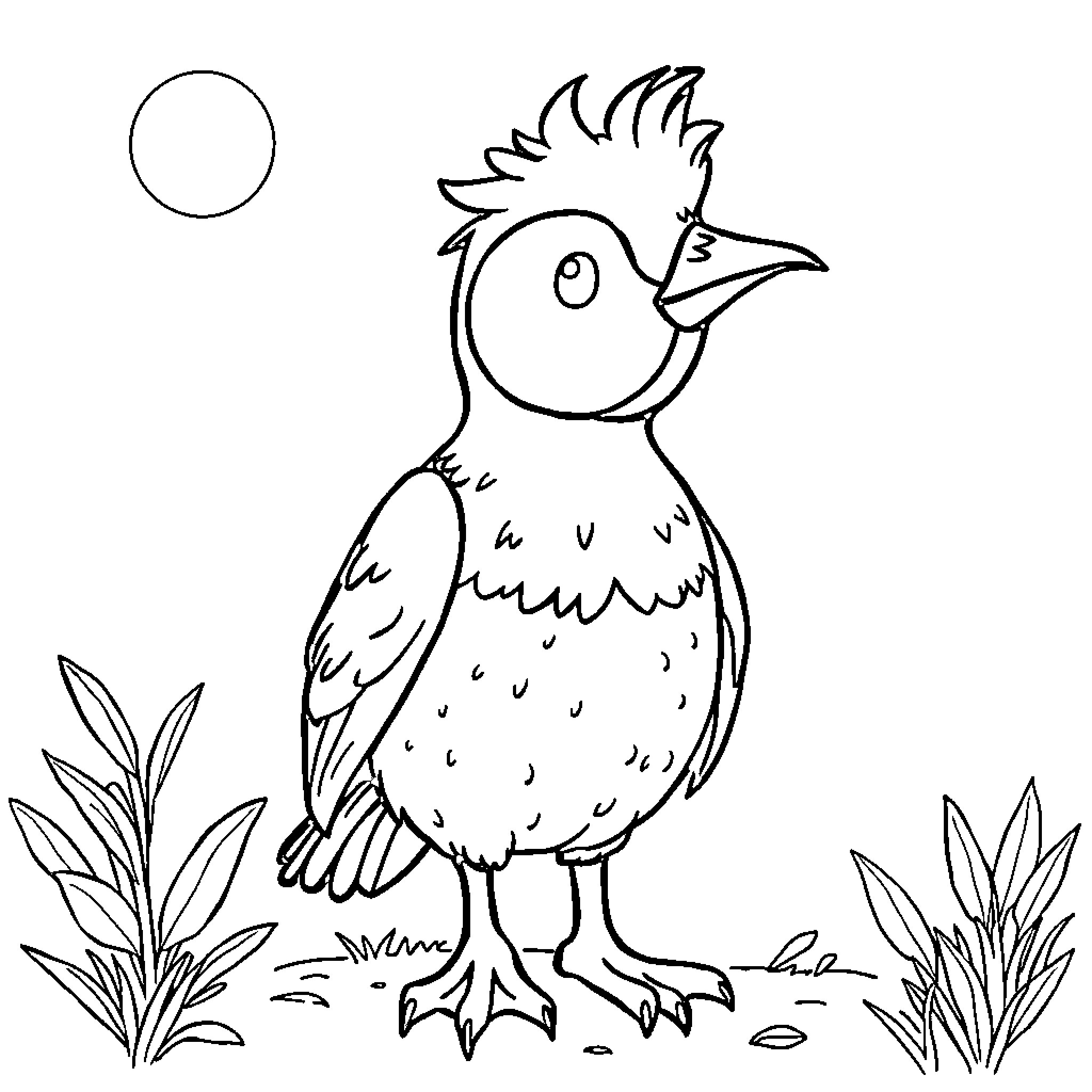 Duck with a quirky expression in the garden Coloring Page (free black-and-white line drawing printable PDF for all, from beginners to advanced learners, including children, teens, adults, and seniors)