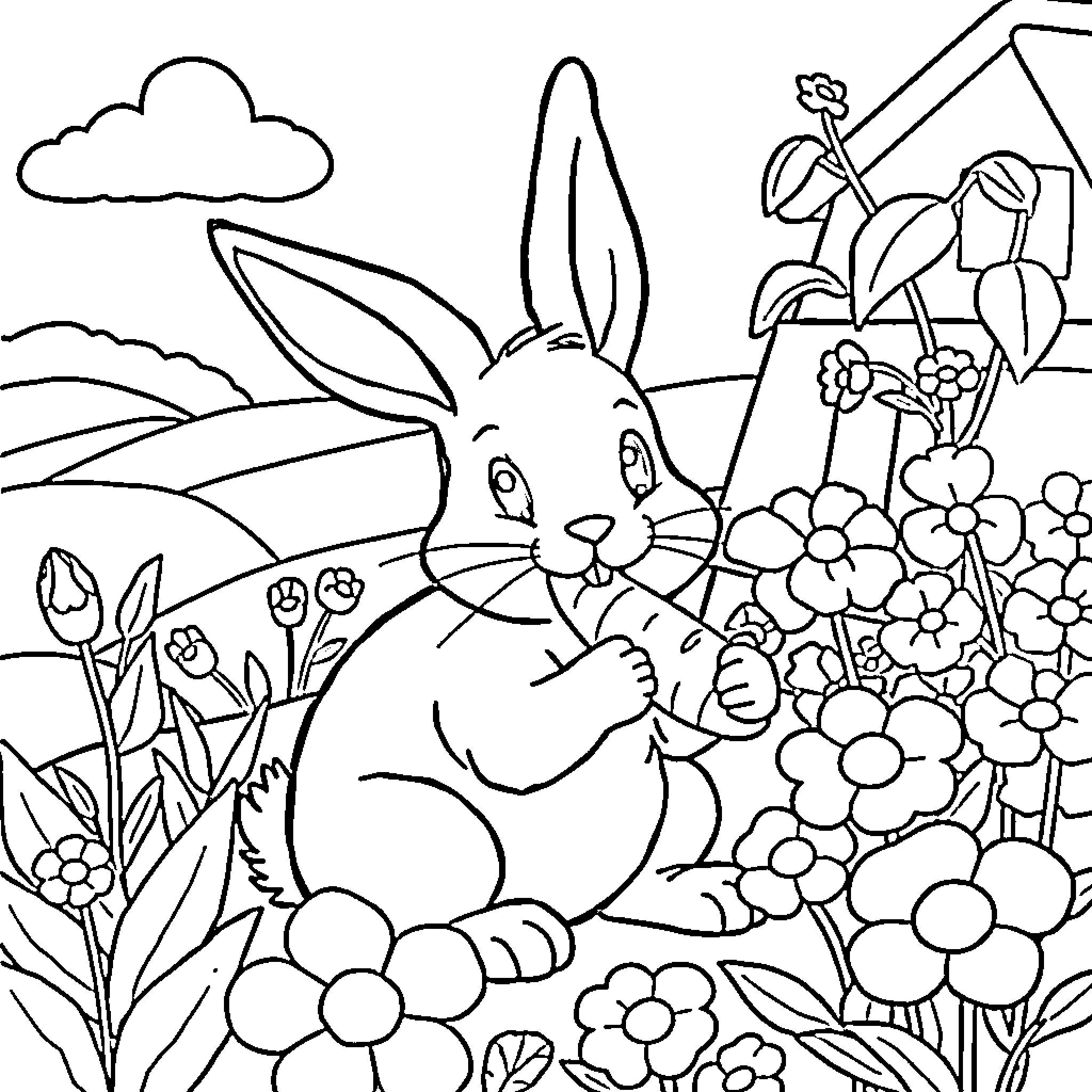 Rabbit Sitting Amidst Flowers in a Scenic Landscape Coloring Page (free black-and-white line drawing printable PDF for all, from beginners to advanced learners, including children, teens, adults, and seniors)