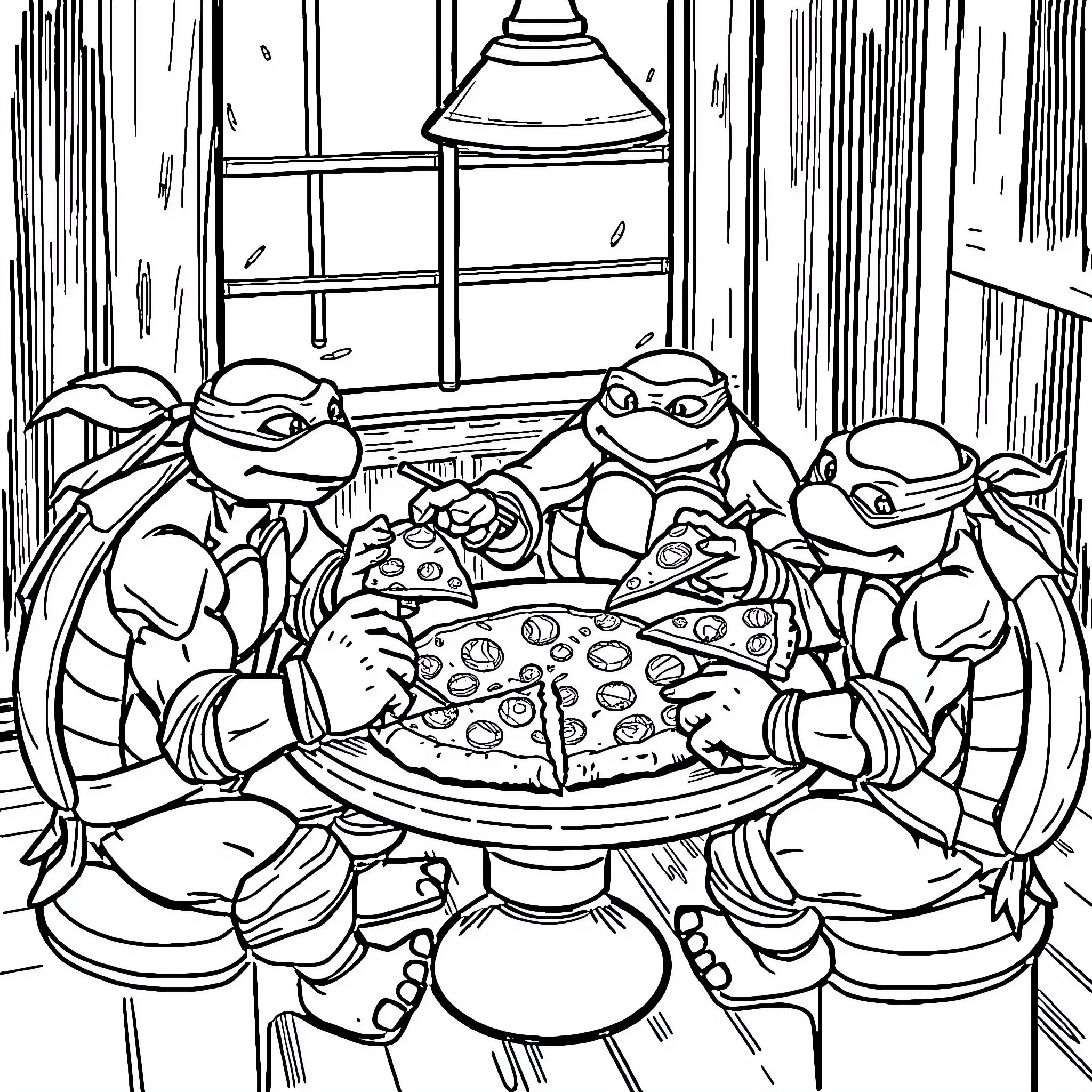 Ninja Turtles Enjoying Pizza Party in Hideout Coloring Page (free black-and-white line drawing printable PDF for all, from beginners to advanced learners, including children, teens, adults, and seniors)