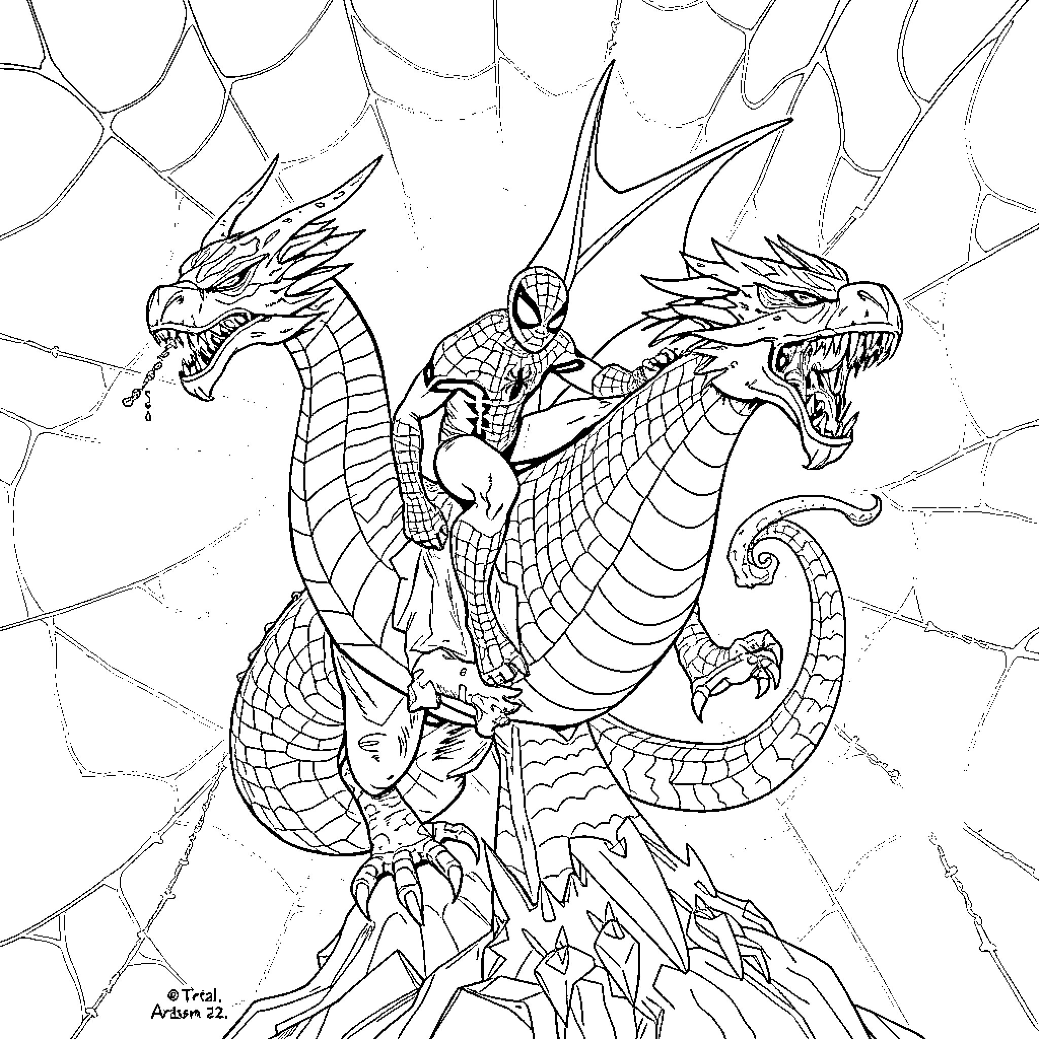 Spiderman riding a fierce dragon through a web-filled sky Coloring Page (free black-and-white line drawing printable PDF for all, from beginners to advanced learners, including children, teens, adults, and seniors)