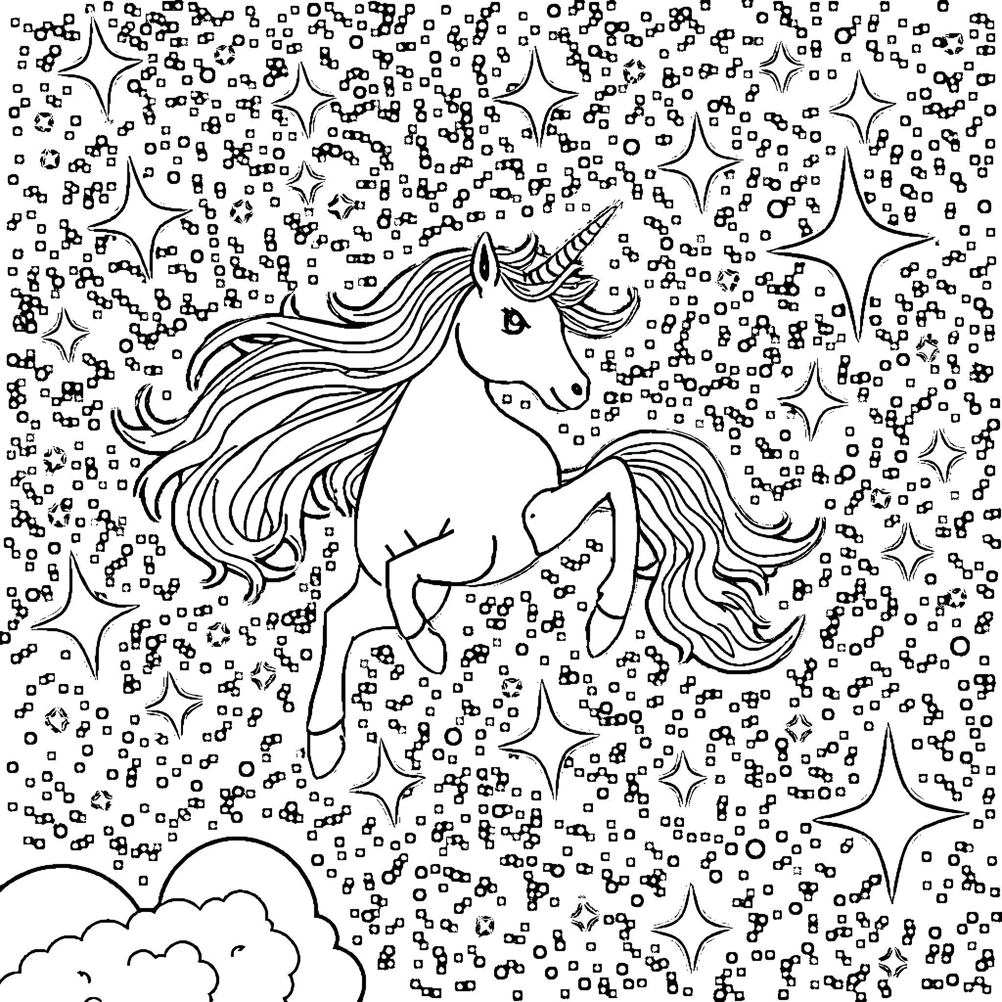Unicorn galloping through a magical starry night Coloring Page (free black-and-white line drawing printable PDF for all, from beginners to advanced learners, including children, teens, adults, and seniors)
