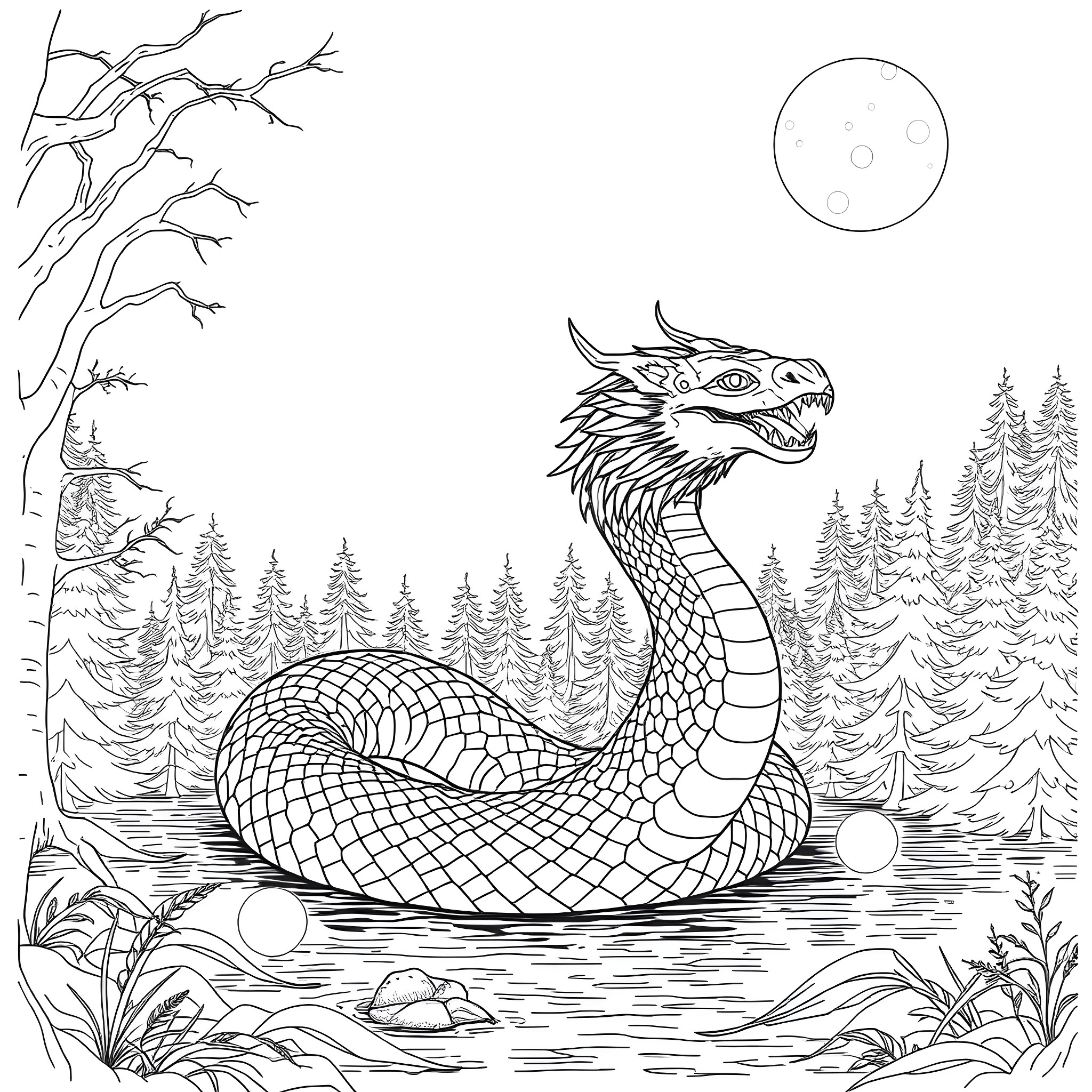 Uktena, the mythical serpent, coiled in a mystical forest scene Coloring Page (free black-and-white line drawing printable PDF for all, from beginners to advanced learners, including children, teens, adults, and seniors)