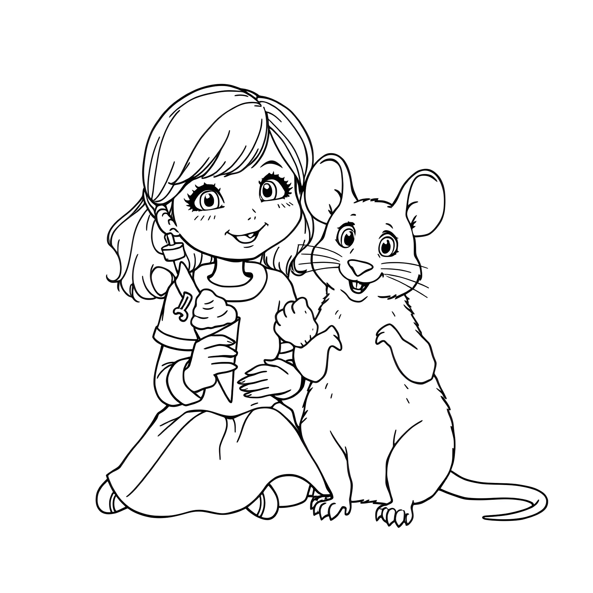 Cat and girl playing together Coloring Page (free black-and-white line drawing printable PDF for all, from beginners to advanced learners, including children, teens, adults, and seniors)